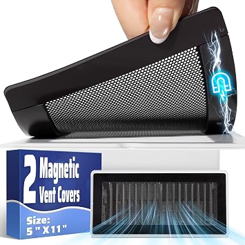 Magnetic Vent Mesh, 2 Pack Black 5 x 11 Inch, Strong Magnetic Vent Screen for Floor, Ceiling & Wall Registers, Allows Airflow While Blocking Debris and Insects, Durable and Solid