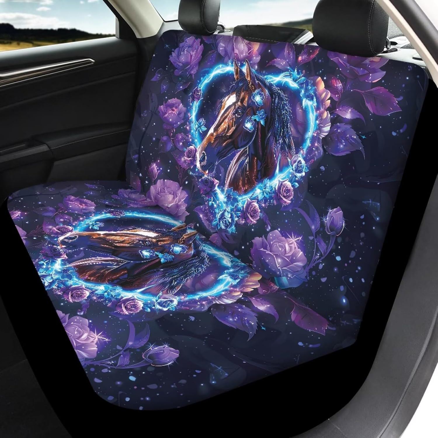 Bulopur Horse Flower Car Seat Covers 4 Pcs, Front Seats and Rear Bench Cover Cushion Auto Seat Cover Protector Automotive Interior Protection Fits Most Cars, SUVs, and Trucks