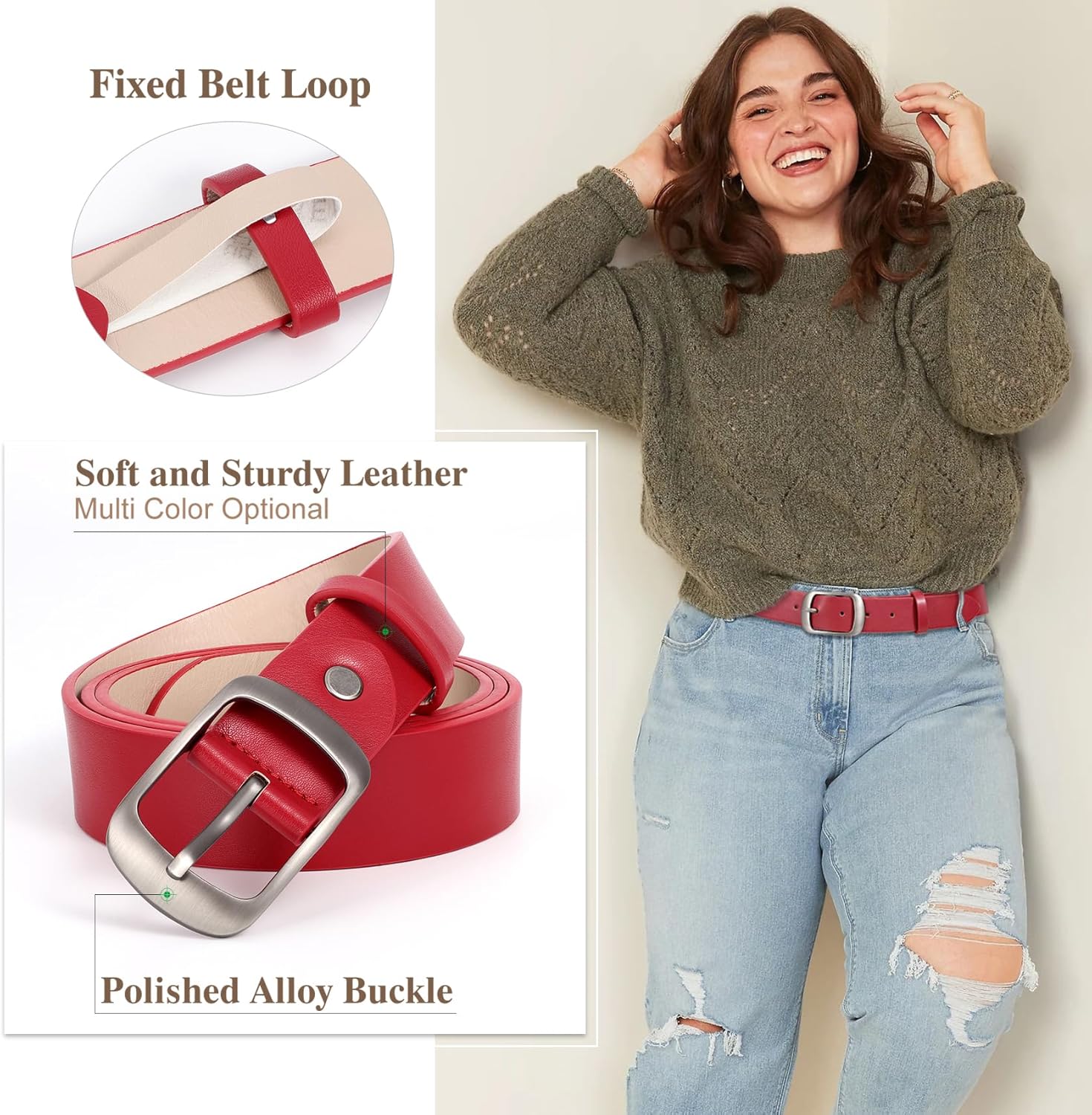 JASGOOD Plus Size Women Leather Belt Black Casual Waist Belt for Jeans Pants with Metal Pin Buckle - Image 2