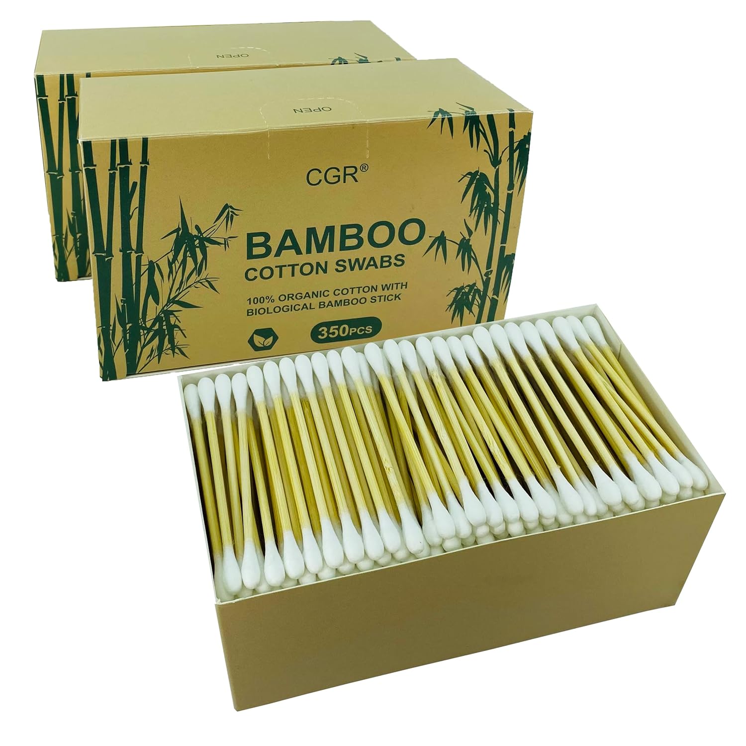 CGR 1050 Organic Cotton Swabs Bamboo Sticks - 100% Compostable Double-Tipped Eco-Friendly Q-Tips 3x350 Pack
