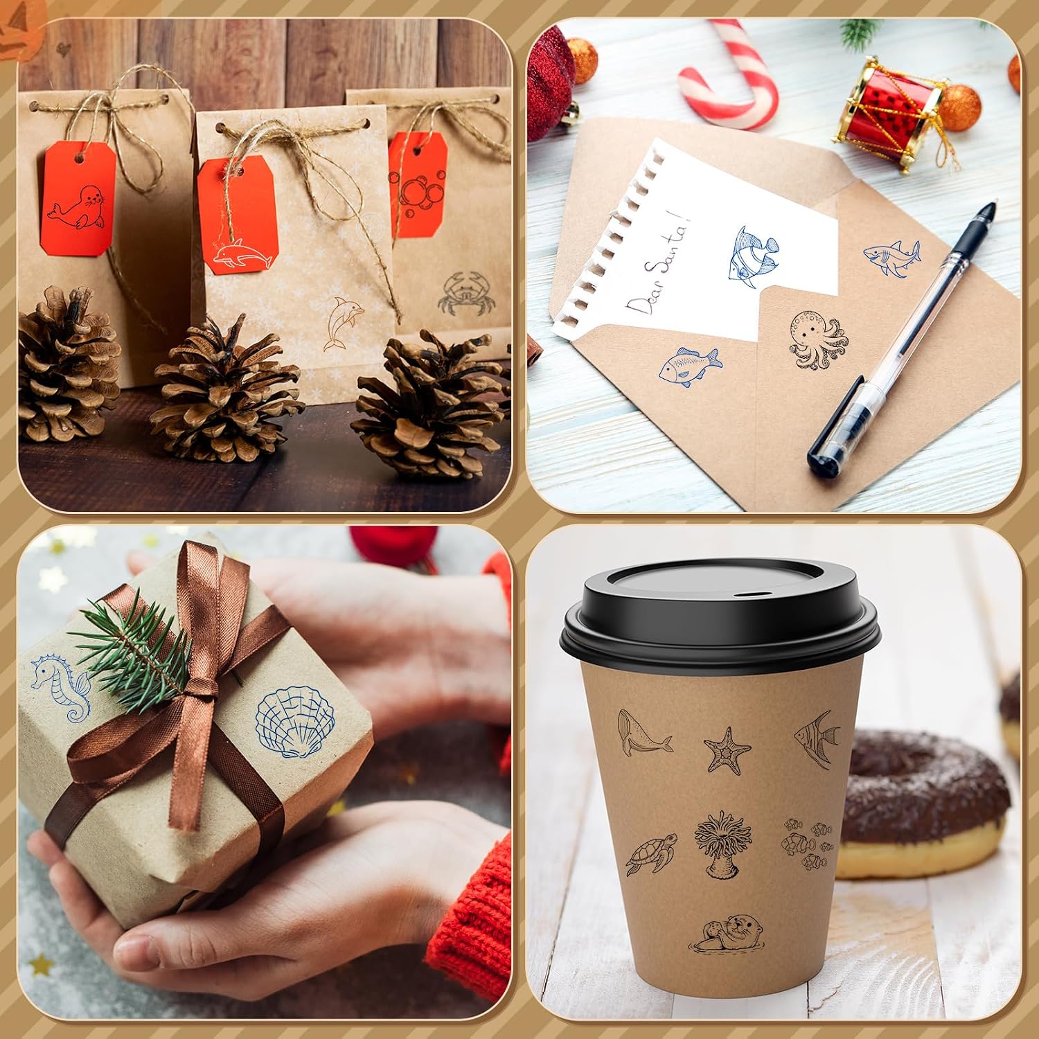 MotiMind 18 Pcs Sea Life Wood Stamps Set Wooden Rubber Holiday Stamps for Card Making Decoration and Scrapbooking Supplies