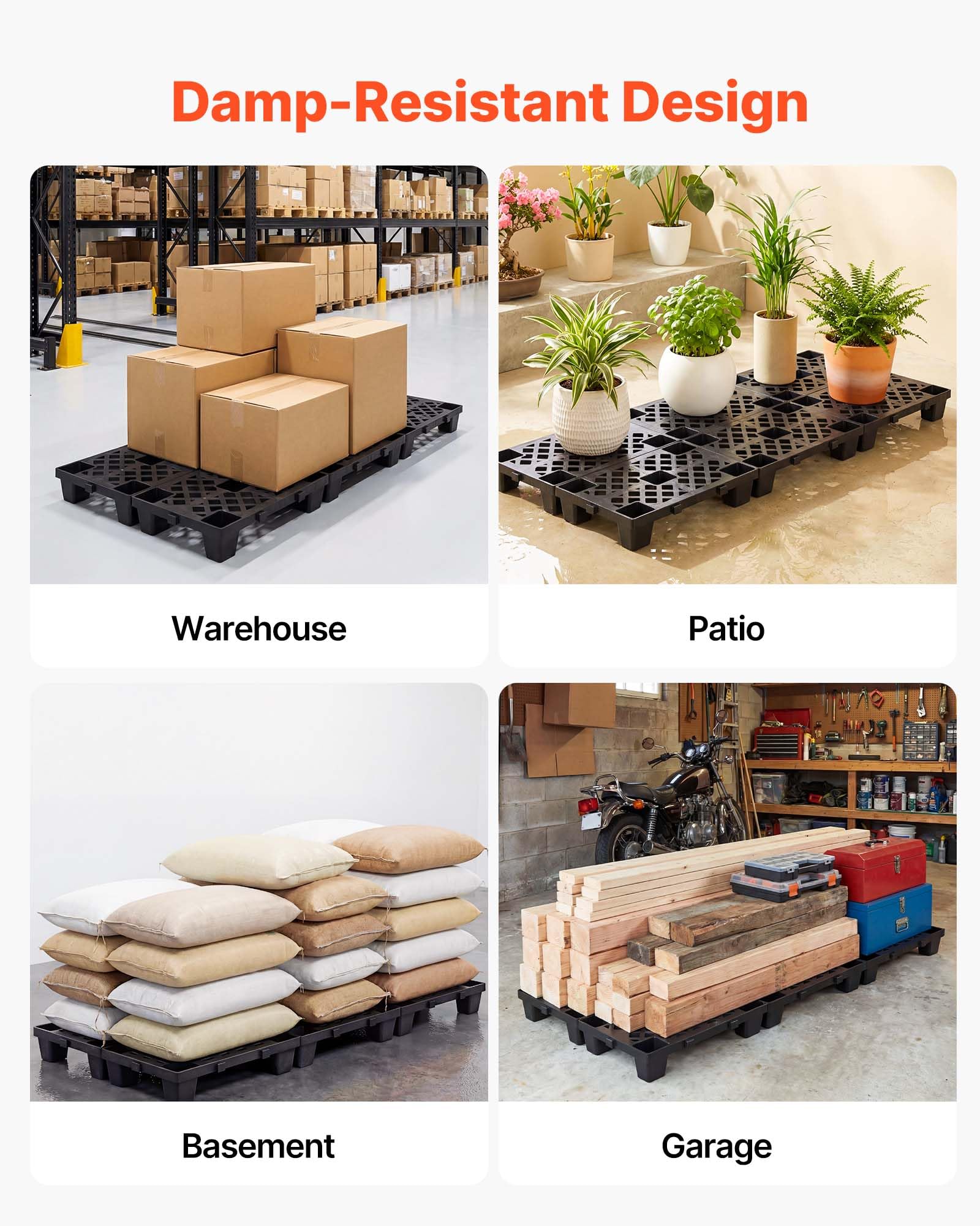 VEVOR Palettes en Plastique Emboîtables Lot de 6, Palettes de Sol Empilables, avec Grille Respirante et Pieds de Support, Résistantes à l'Humidité, pour Sous-Sol Garage Entrepôt, 500x305x100 mm, Noir
