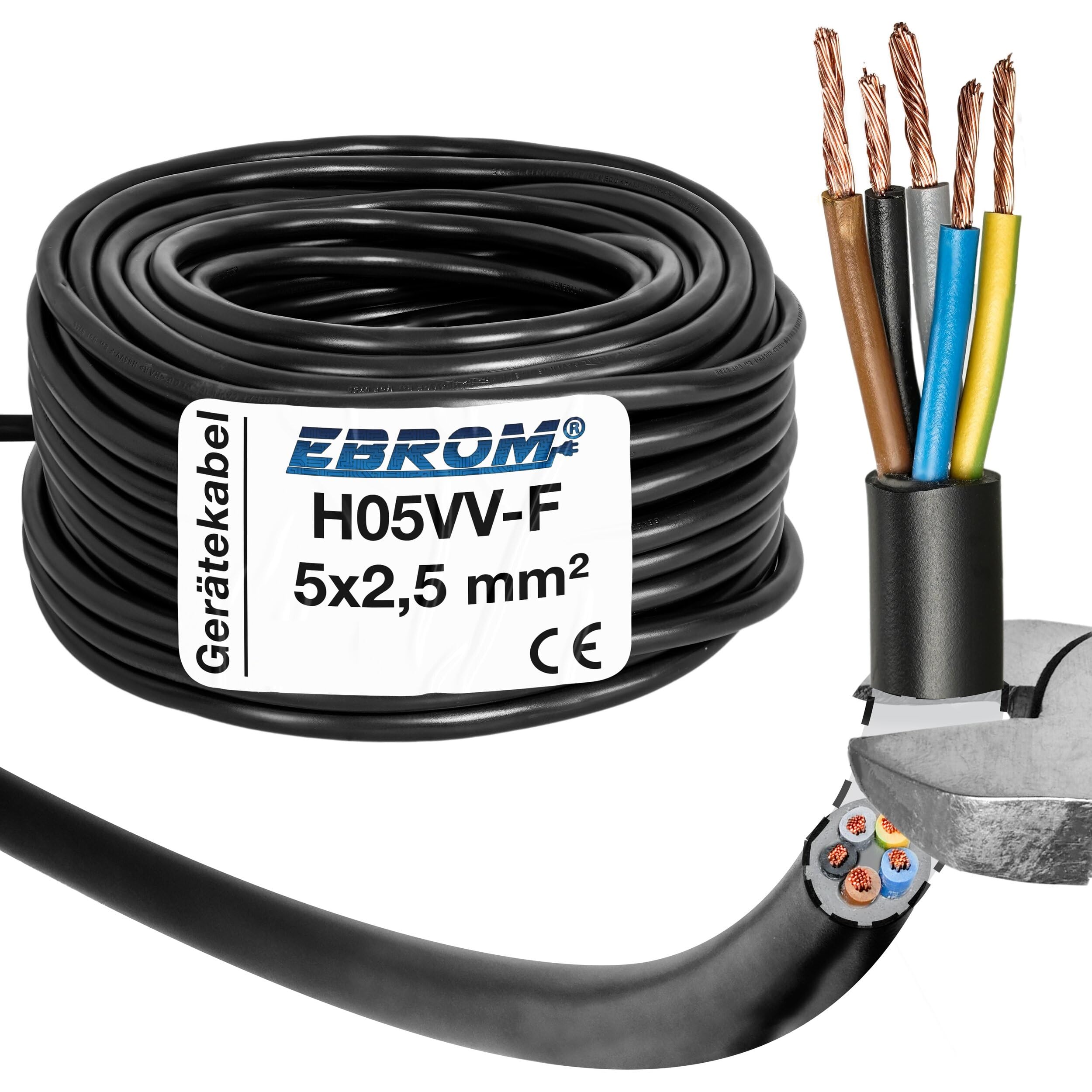EBROM - H05VV-F 5x2,5 mm² PVC Schlauchleitung, SCHWARZ Gerätekabel 25 Meter | Flexible Herdanschlussleitung RUND 5x2,5 mm2, 5-adrig, z.B. für Herdanschluss, Drehstromgeräte oder Heizgeräte