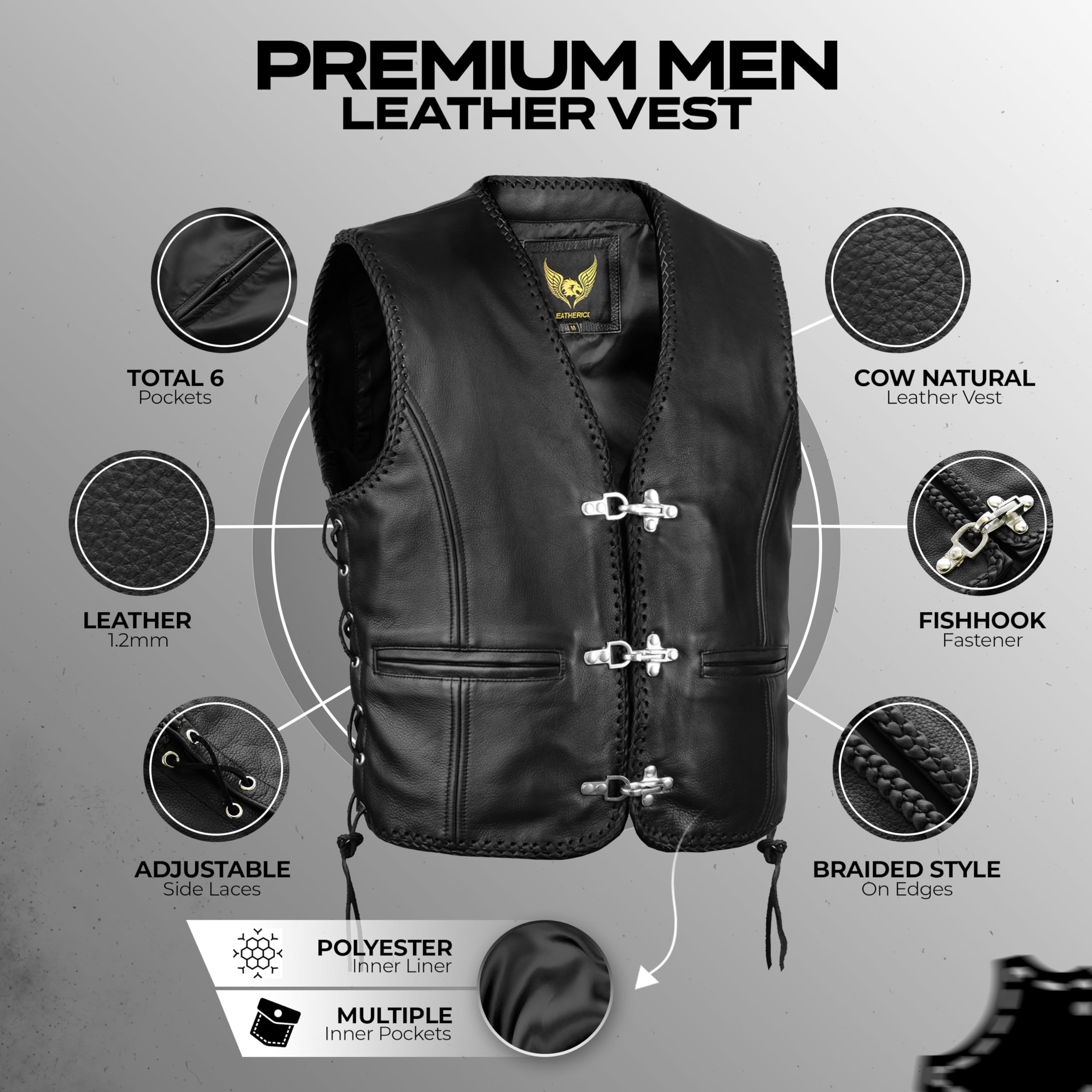 Leatherick Gilet de moto noir en cuir véritable | Gilet de motard tressé avec boucle d'hameçon