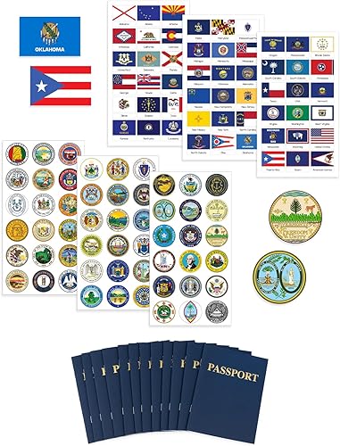 Miniatura 2 de Hygloss Productos 10 libros de pasaporte en blanco con 108 banderas y sellos de Estados Unidos, para niños y profesores, incluye las 50 banderas y
