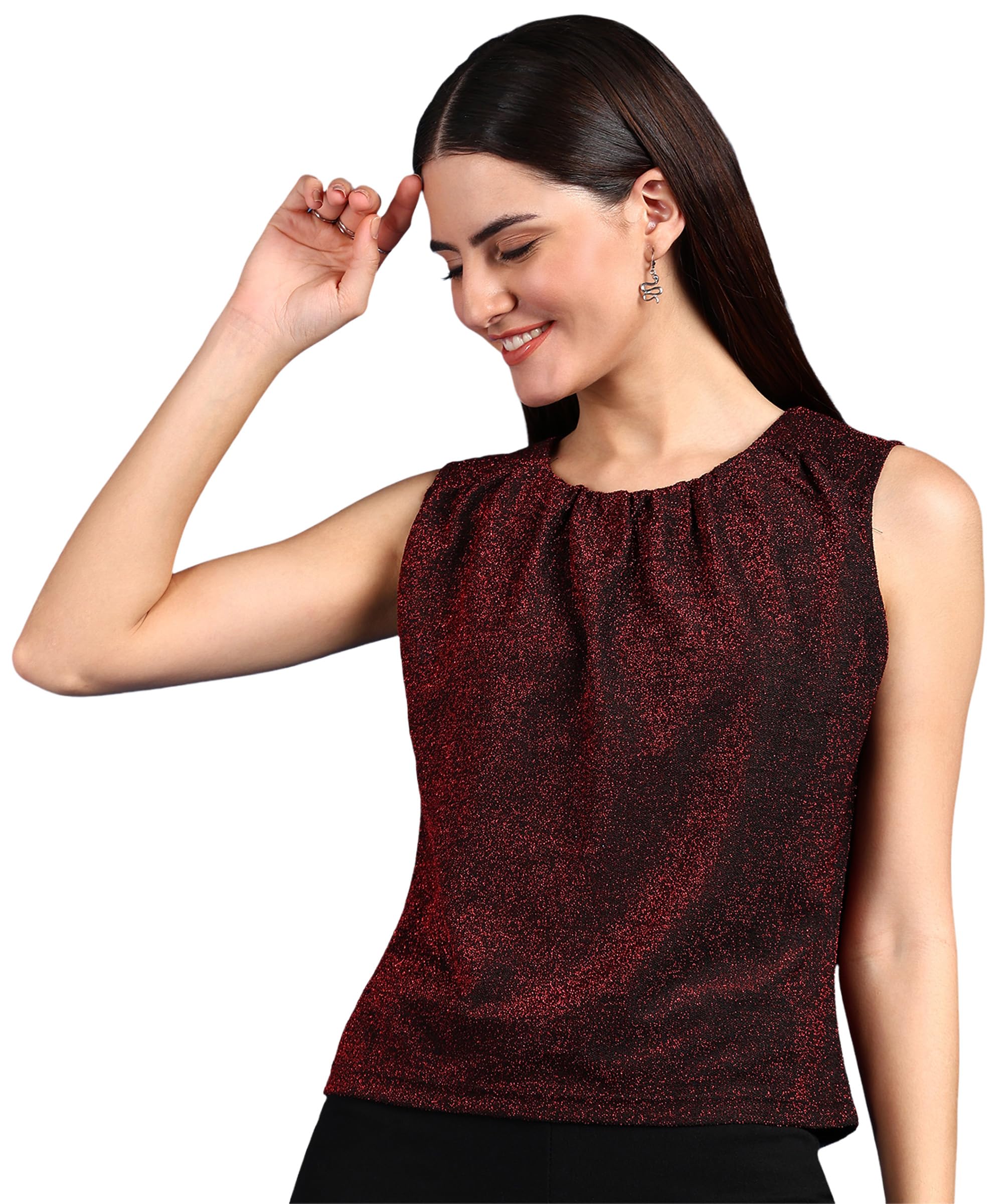 Women's Casual Evening Tank Top Glittery Textured Sleeveless Round Neck Regular Fit, Maroon/Wine-image-24