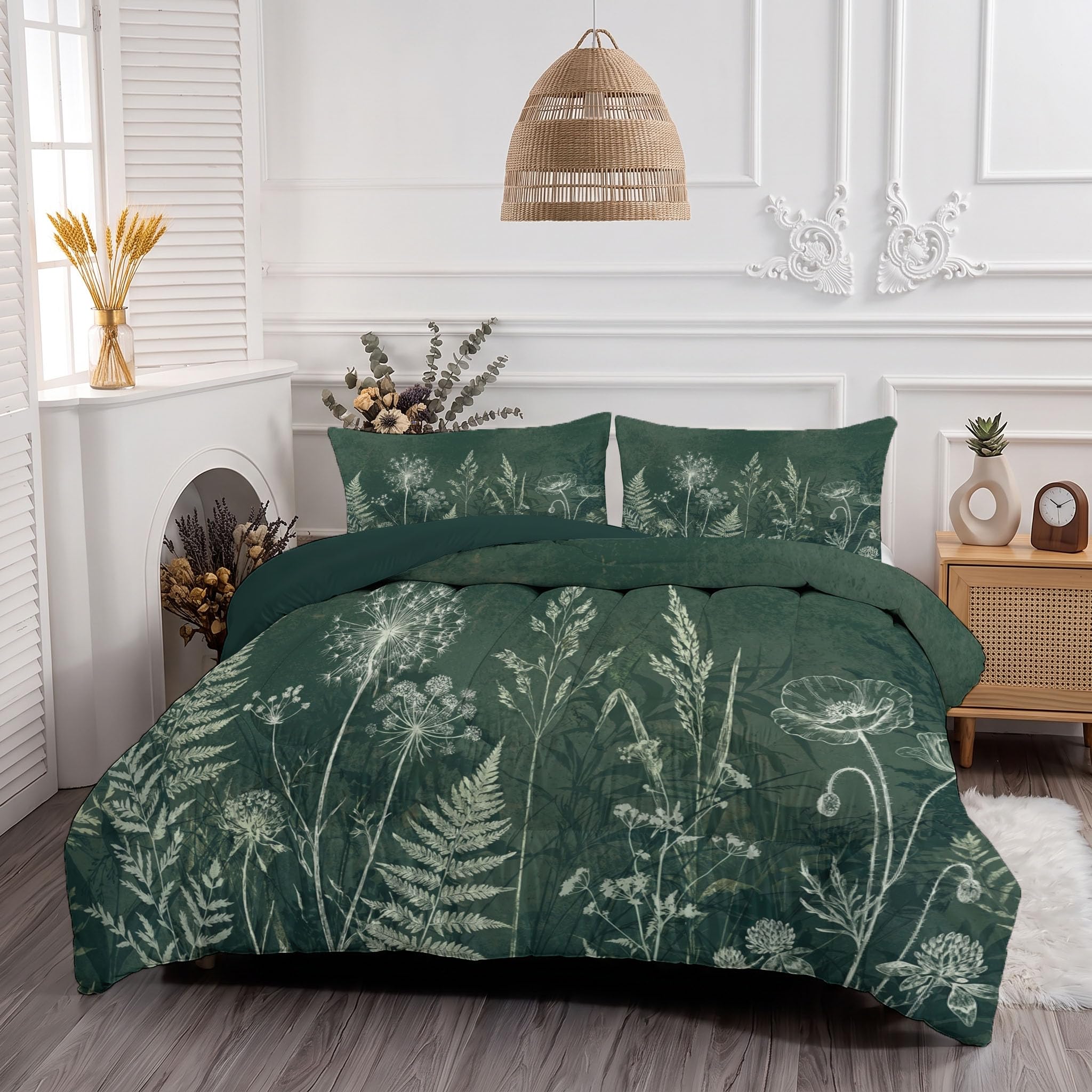 Bettdecke Ohne Bezug Löwenzahn Farne Mohnblumen 140x200cm | 4 Jahreszeiten Waschbare Bettdecken Retro Dunkle Pflanzen Warme Steppdecke - Weiche Wendebettwäsche Mit 2 Kissenbezug