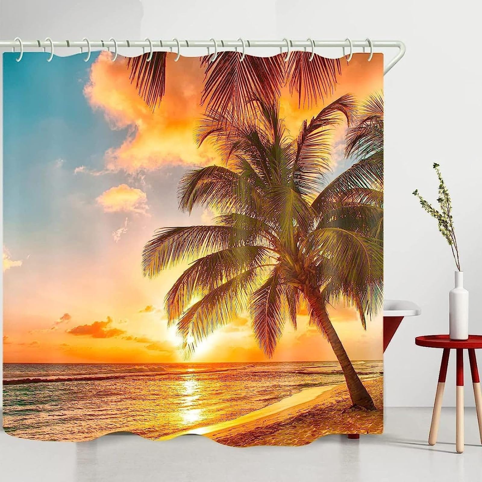 Duschvorhang Anti-Schimmel Palme 3D Duschvorhänge 200x240 Blick auf das Meer bei Sonnenuntergang Duschvorhang Textil Waschbar Wsserdicht für Badezimmer Badewanne Badevorhang Bad