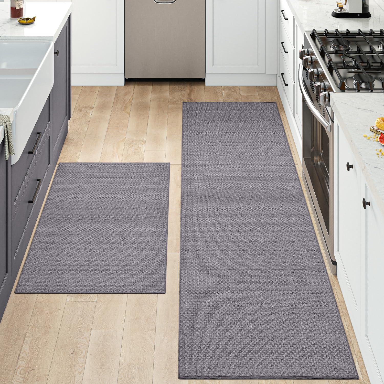 DEXI 2 Pièces Tapis Cuisine Antidérapant et Absorbant 43x75+200cm Gris | Absorbant Huile et Eau, Caoutchouc Antidérapant, Facile à Nettoyer, pour Cuisine et Devant l'Évier