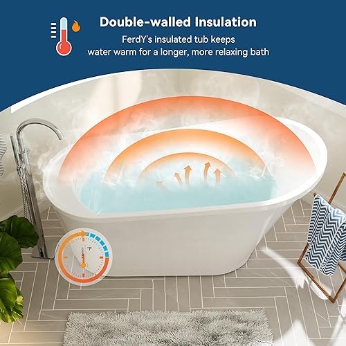 Miniatura 2 de FerdY Langkawi 02568T - Bañera independiente de acrílico de 59 pulgadas, color blanco, moderna, con certificación cUPC, drenaje de níquel cepillado