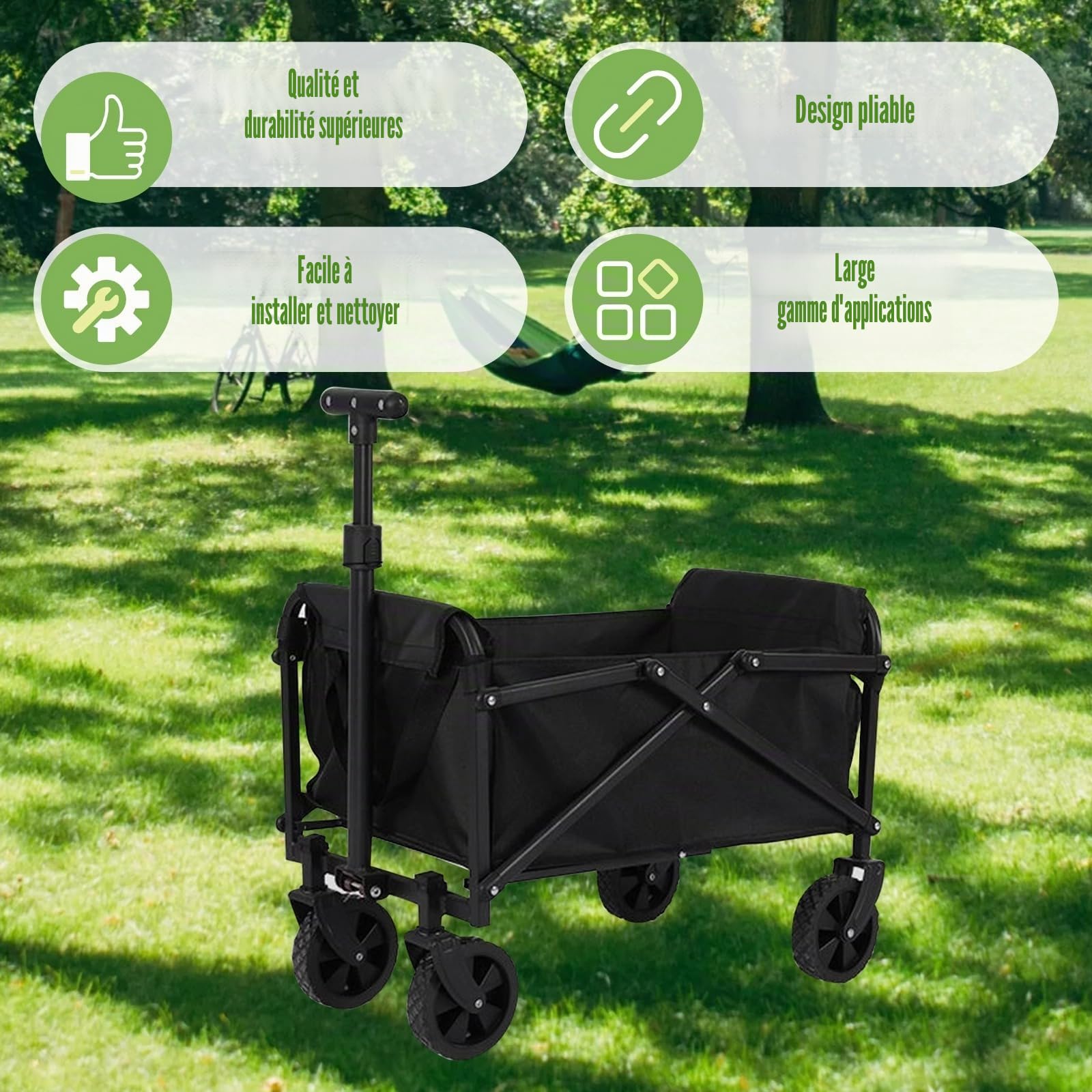 Chariot de Plage Pliable de 100L- Petit Chariot de Transport avec Roues | Chariot Pliable Avec Freins, pour la Plage, le Sport, l'Extérieur, le Jardin, le Pique-nique, le Shopping et la Pêche