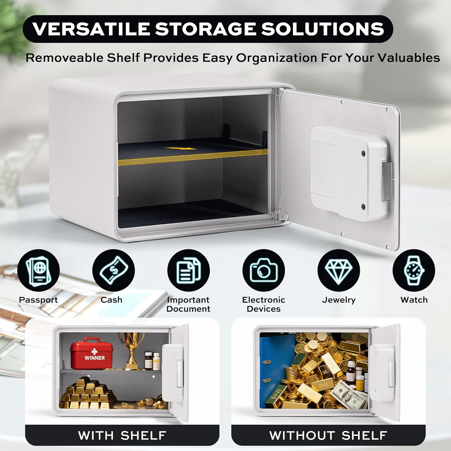 Biometric Safe for Home, 0.6 Cube Feet Auto-Open Fingerprint Safe with Touch Screen, Alarm System & Removable Shelf, Small Money Box for Cash, Jewelry, Documents, Home Office Use,White - Image 6