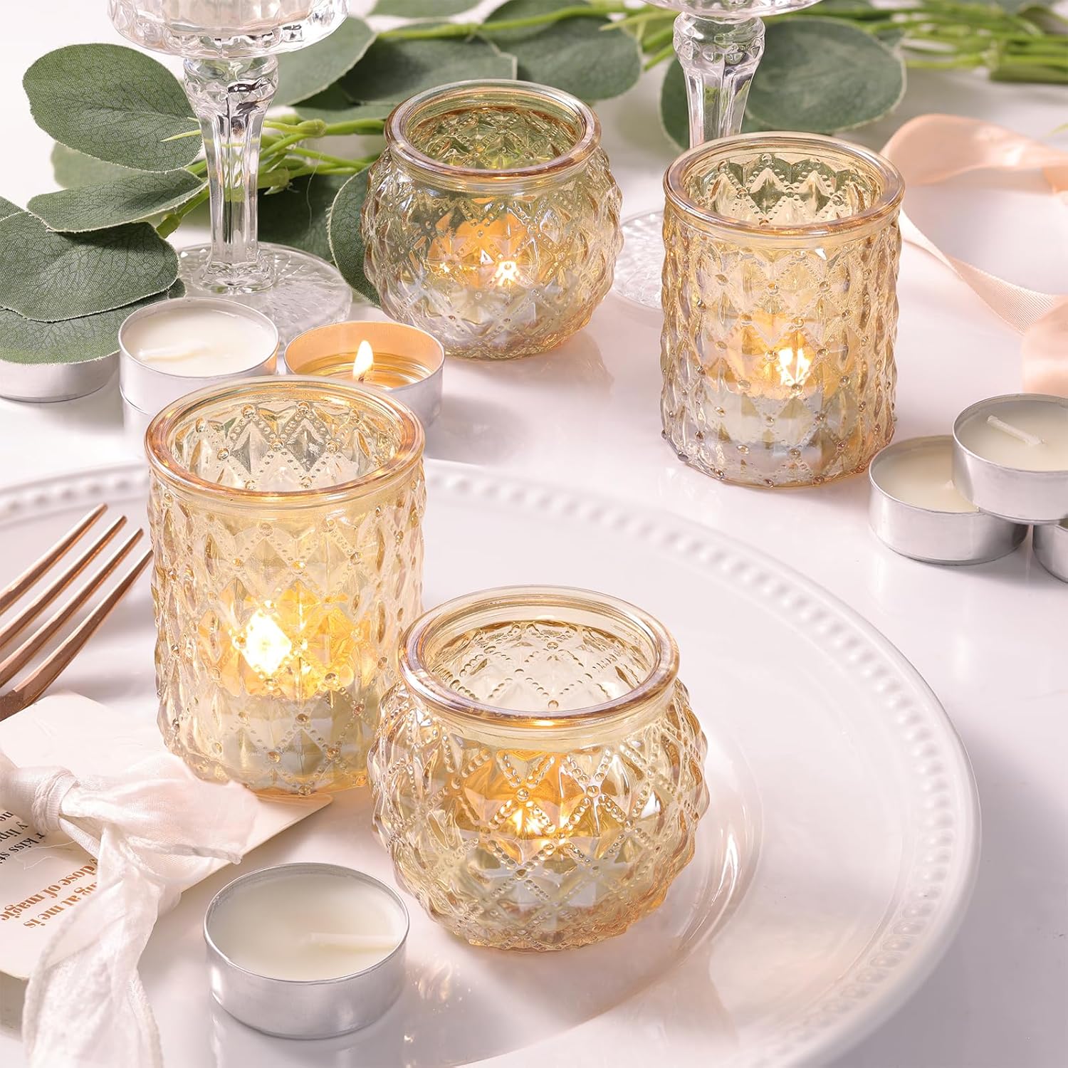 DARJEN 12Pcs Gold Votive Candle Holders - Glass Candle Holder for Table Centerpiece, Tea Light Candle Holders Glass for Wedding Shower, Home & Tea Party Decor