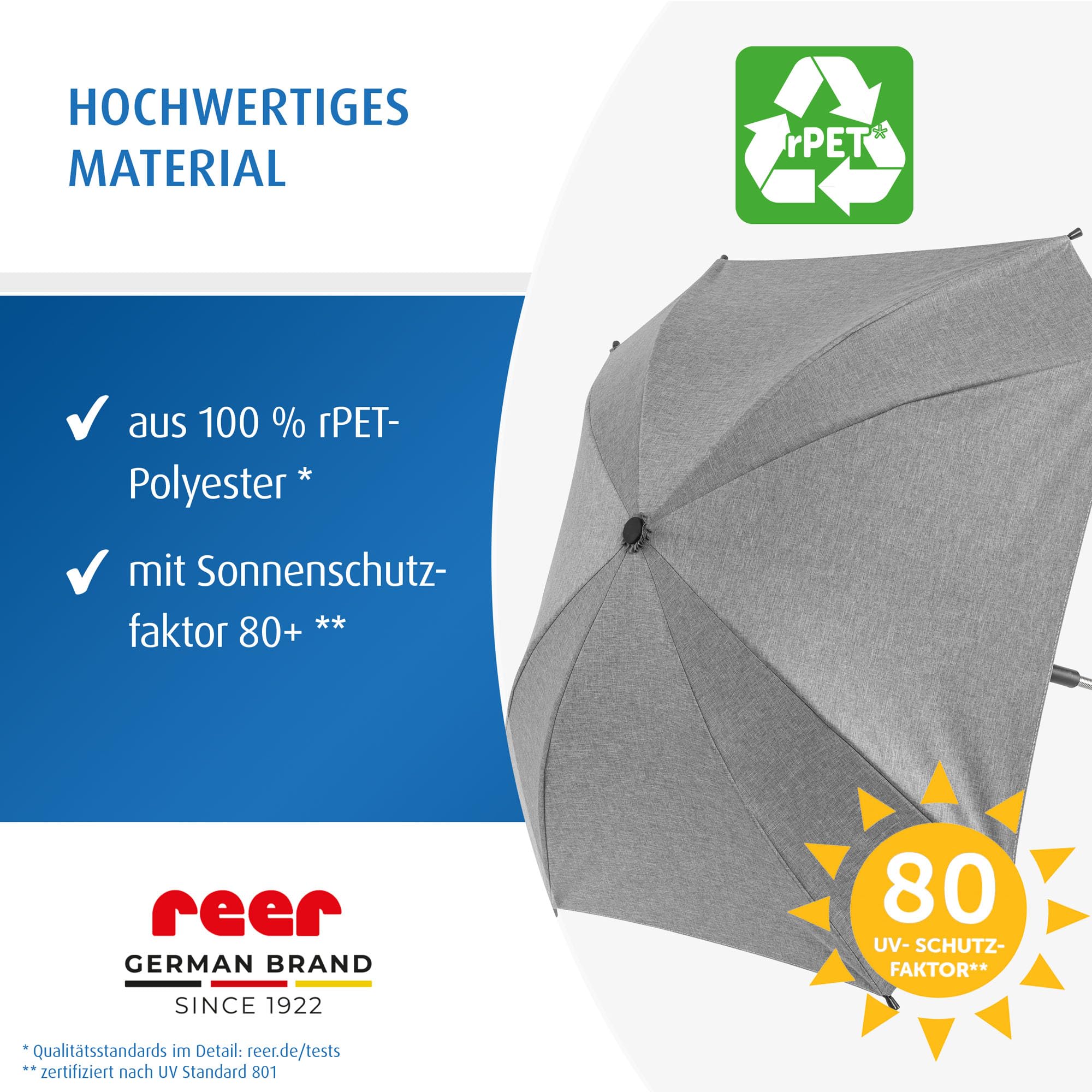 reer ShineSafe Kinderwagen-Sonnenschirm | UV-Schutz (UPF 80+) | universal passend für Kombi- & Sportwagen | Sonnenschutz mit Drehgelenk | aus 100% rPET-Polyester | Einfache Anbringung | Grau-Melange