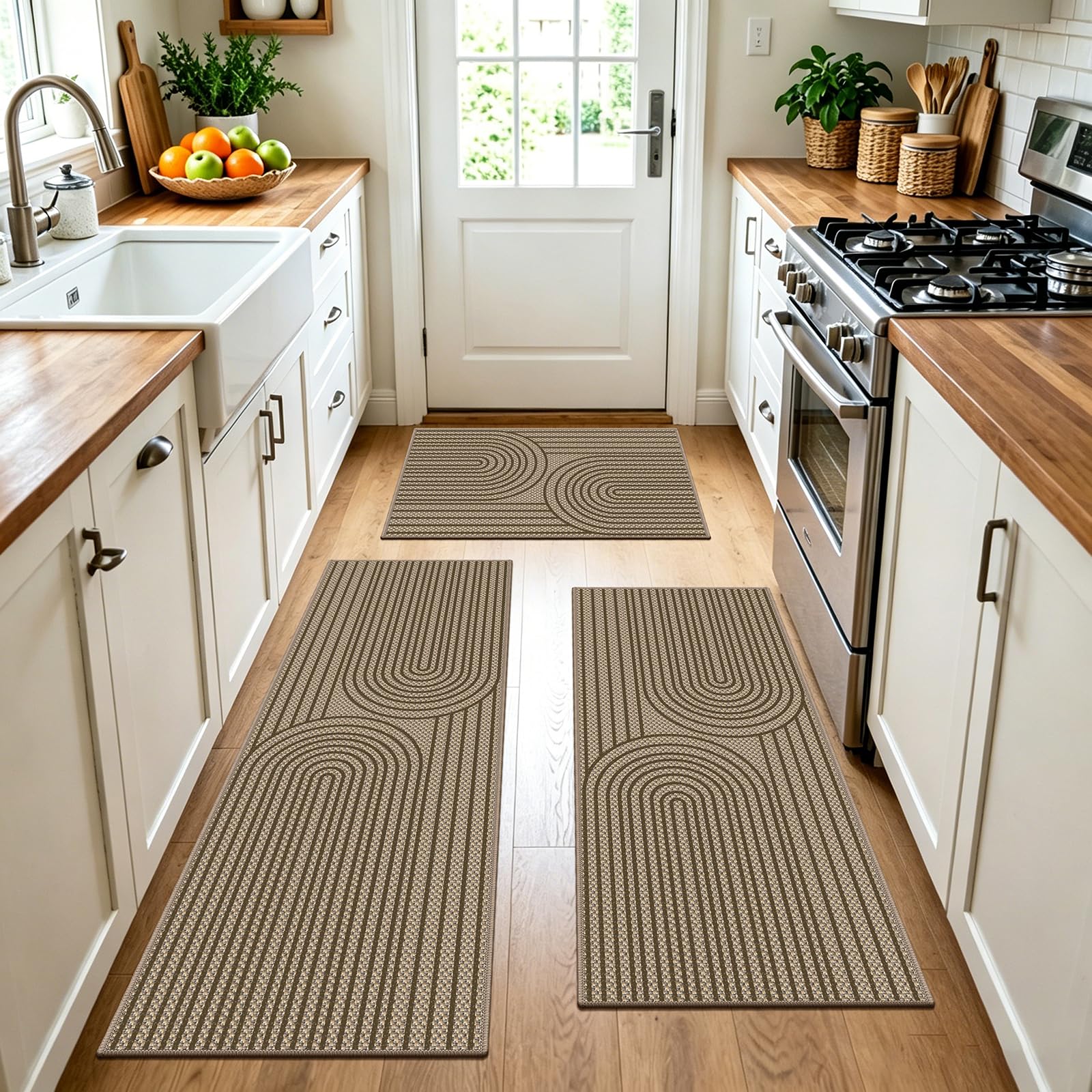 Tappeti da cucina in iuta, lavabili, antiscivolo, per cucina, corridoio, lavanderia, soggiorno, camera da letto, ingresso, colore: marrone, 3 pezzi
