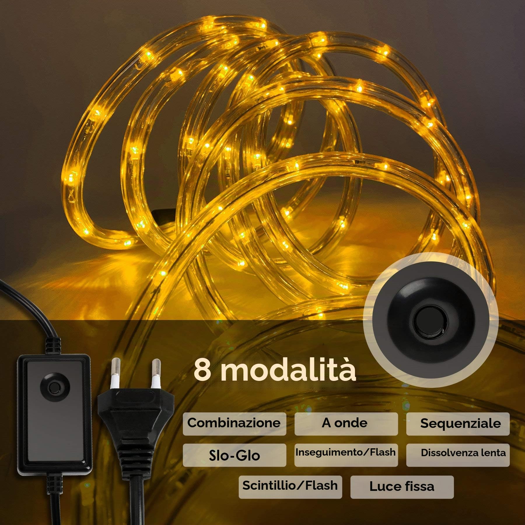 Ikodm Tubo luminoso a LED per esterni, 50 m, 1200 LED, con timer e 8 modalità, tubo luminoso per esterni, impermeabile, bianco caldo, per giardino, feste, Natale, matrimonio