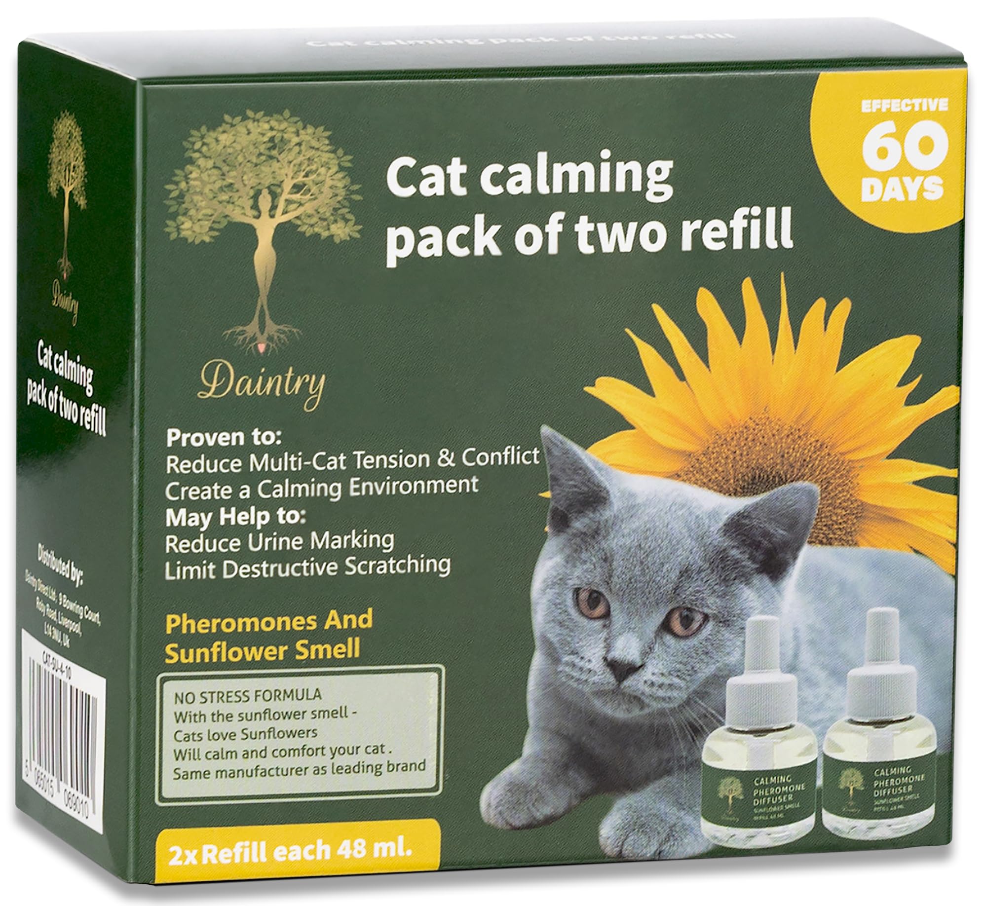 Cat Calming Diffuser with Feline Pheromones, Sunflower Scent, Stress & Anxiety Relief for Cats, 30-Day 2 x 48 ml Refills, Easy Plug-In Solution for Calming. Diffuser not include
