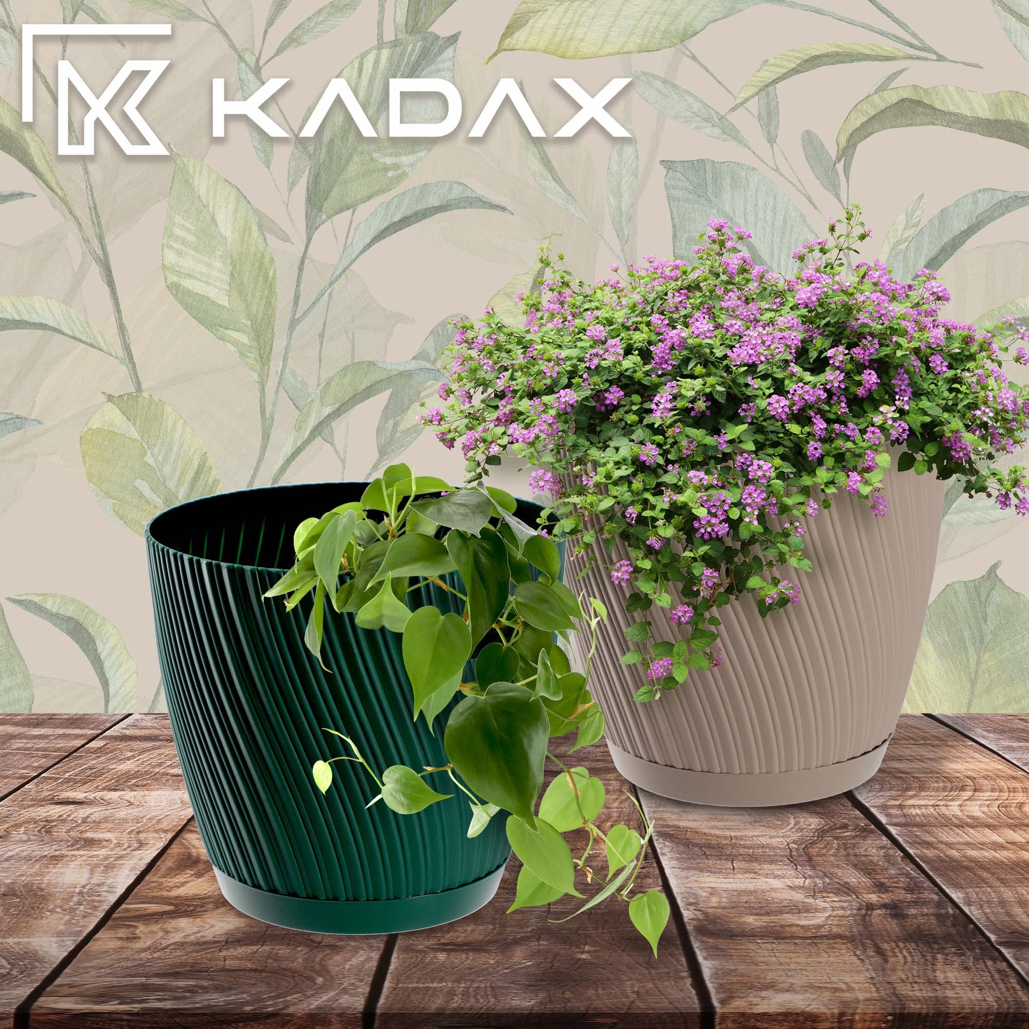 KADAX Maceta con plato, maceta en forma de onda tridimensional, maceta de plástico, maceta decorativa para flores, cactus y hierbas (15 cm, verde)