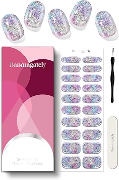 Semi Cured Gel Nail Strips, 20Pcs Long Lasting Salon Quality Wraps, Easy Apply & Remove Gel Nail Stickers with UV Light Aurora Dust Purple