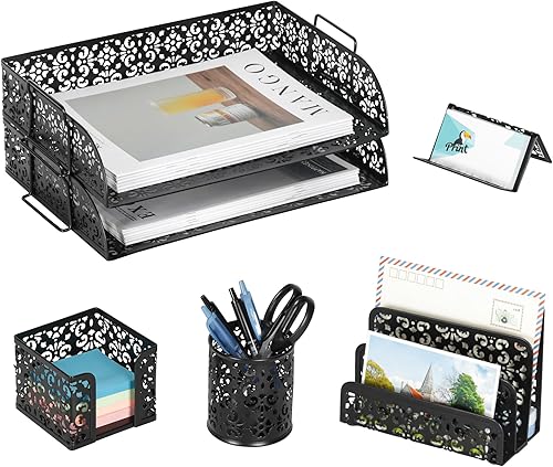 EasyPAG Set organizador de escritorio 5 en 1  Incluye 2 Charolas tamaño papel Carta, Clasificador de cartas, soporte de bolígrafos, recipiente para