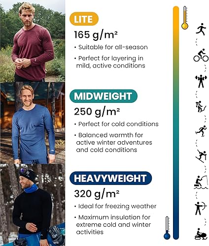 Miniatura 3 de Merino.tech - Conjunto de capa base de lana merino para hombre, ropa interior térmica de lana merino de peso medio, parte superior, inferior