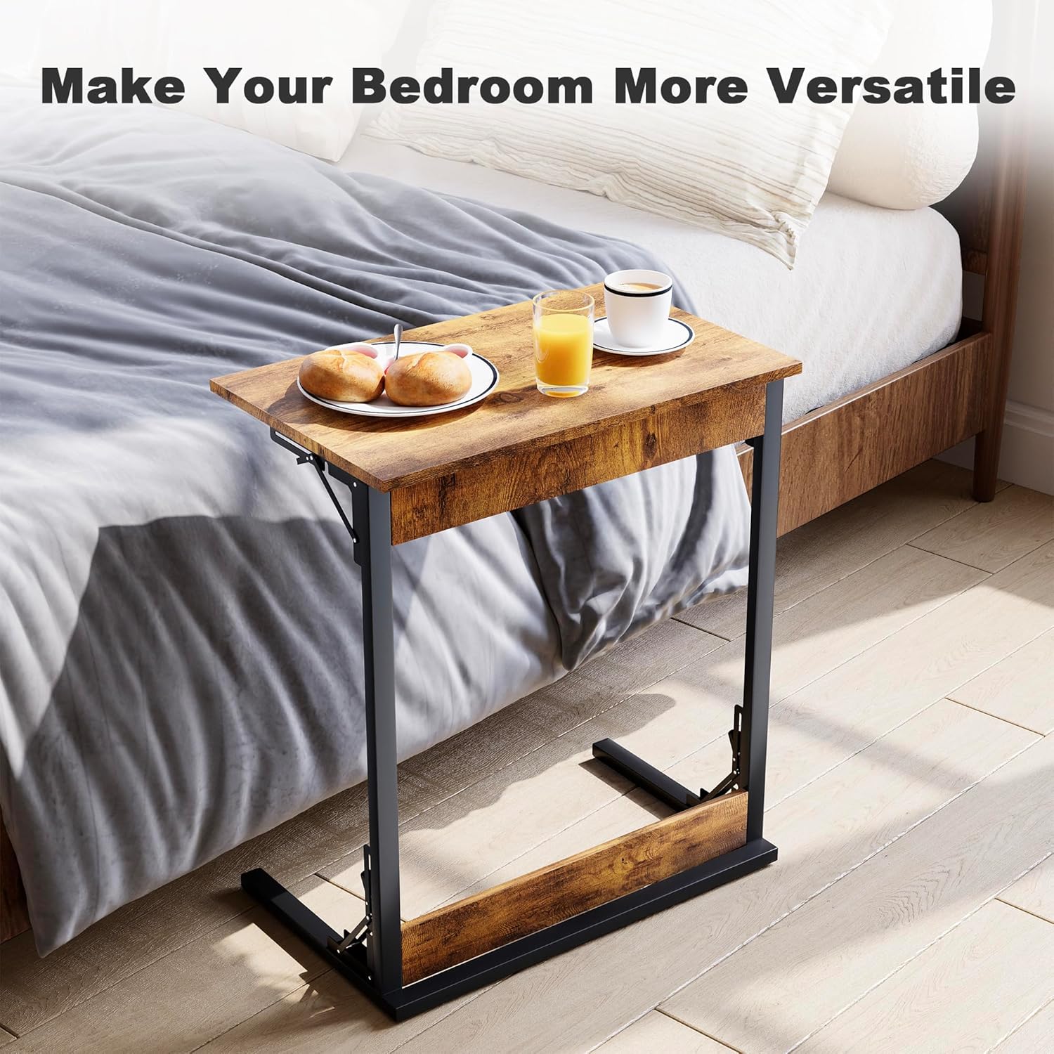 SUNBURY C Shaped End Table, TV Tray, No Assembly Required, Small Side Table for Couch and Bed, Foldable 27.5" Tall Couch Table for Small Spaces, Living Room and Bedroom, Rustic Brown