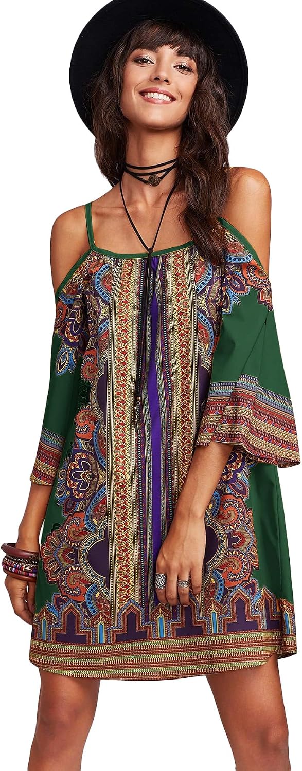 Milumia Women's Vintage Print Kimono Sleeve Geometric Tunic Boho Dress
