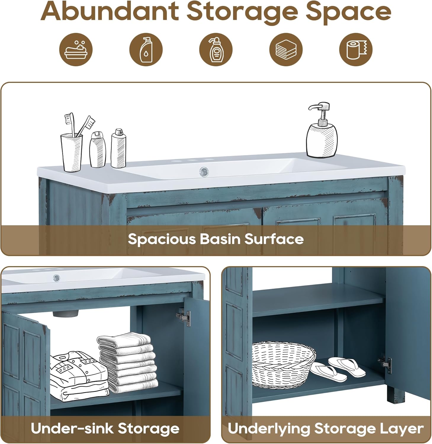 36" Bathroom Vanity Combo with Ceramic Sink,Pedestal Sink Cabinet with 2 Soft-Close Doors, SolidWood Bathroom Cabinet, Retro Blue