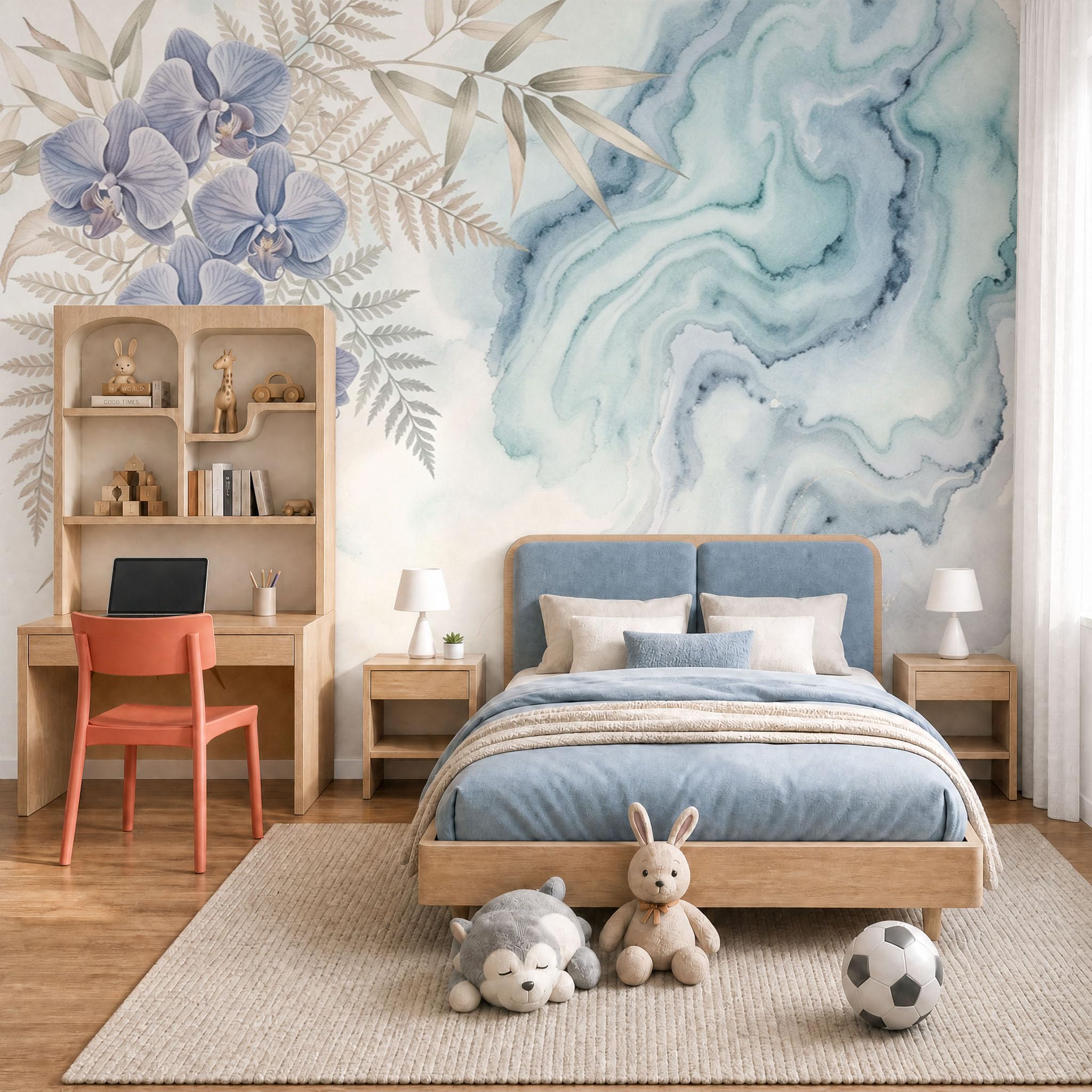 Carta da Parati Fiori di lusso ad acquerello 300x210cm Fotomurale in seta Murale Motivo marmorizzato orchidea Decorazione da Muro Poster Gigante Carta da parati panoramica