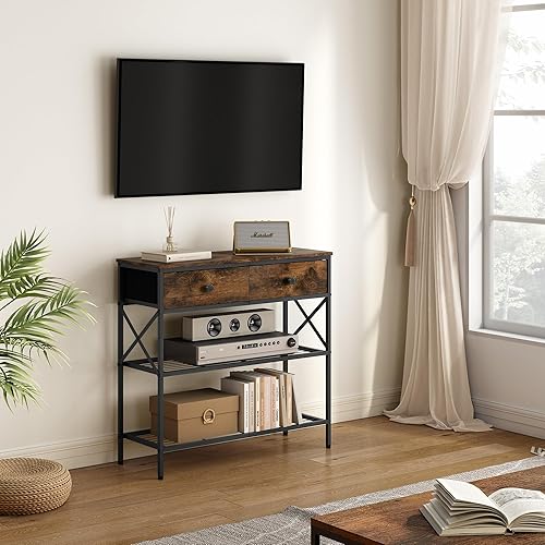 Miniatura 4 de Tajsoon Mesa consola con 2 cajones, mesa de sofá estrecha de 31.5 pulgadas con estantes de 2 niveles, mesa de entrada pequeña de 3 niveles, mesa de