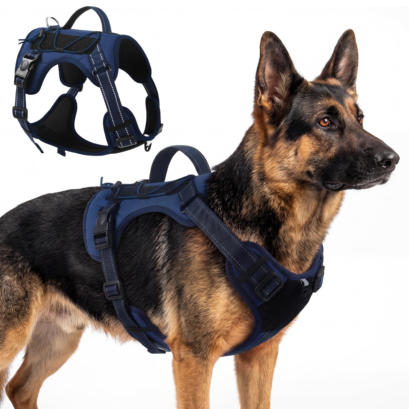 Olcyren Dog Harness, Adjustable Reflective Tactical No-Choke Dog Harness with Easy Control Handle, Comfortable Breathable Mesh Pet Vest for Small Medium Large Dogs Walking (Dark Blue, XL)