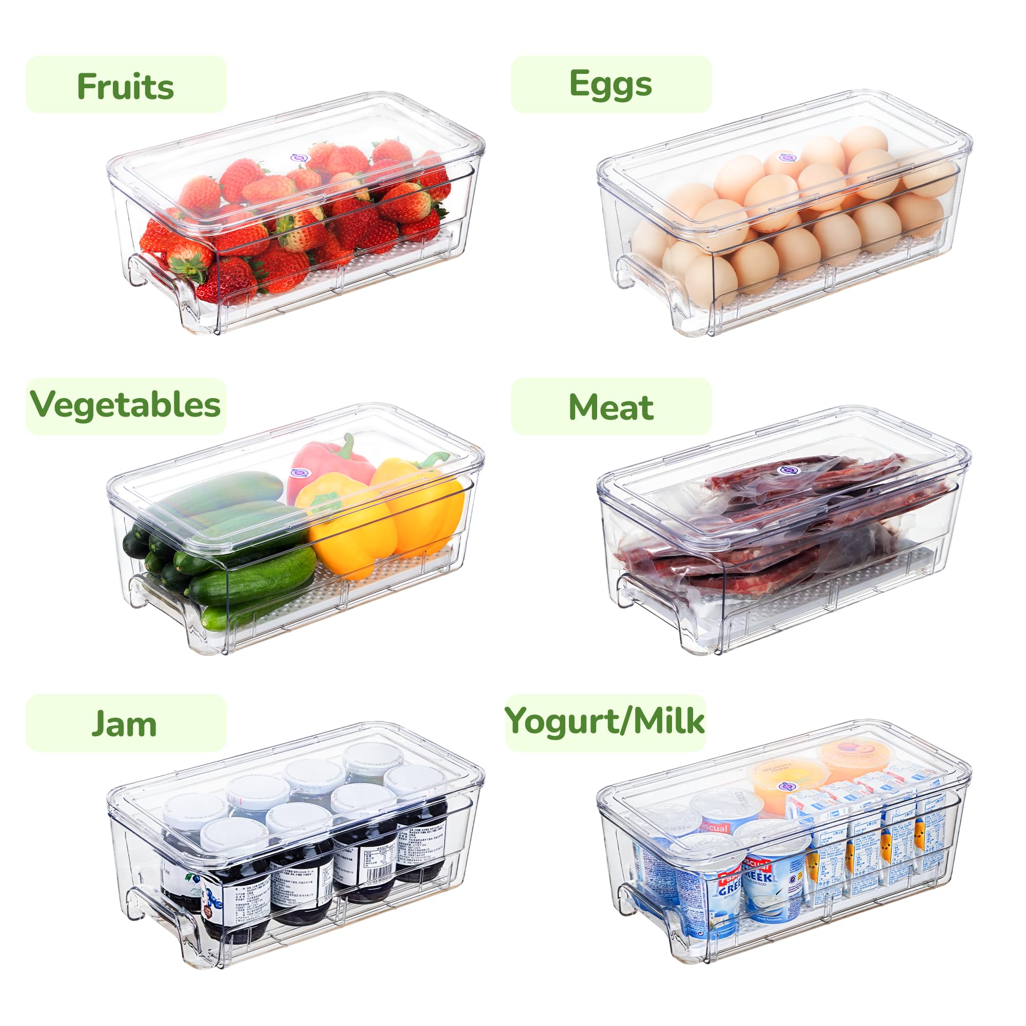 Confezione da 4 organizzatori impilabili per frigorifero, contenitori estraibili per frigorifero, con coperchio, grandi organizer trasparenti per cassetti del frigorifero, congelatore, cucina