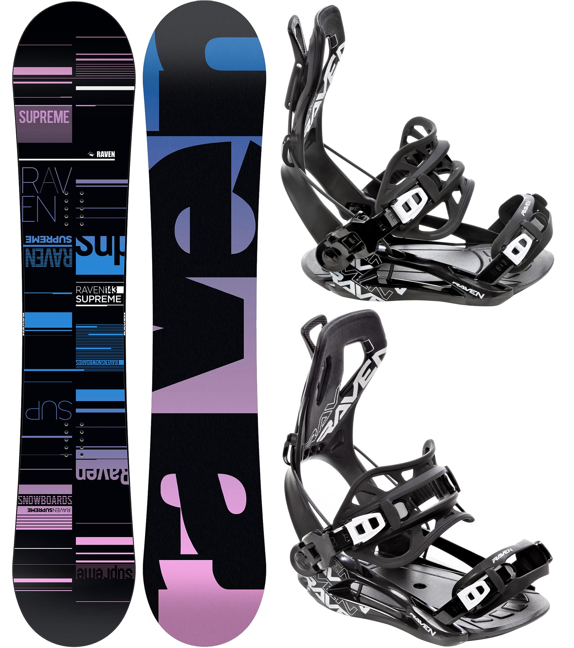 RAVEN Set da Snowboard - Tavola Snowboard Supreme Nero, Bianco + Attacchi da Snowboard s230 Nero