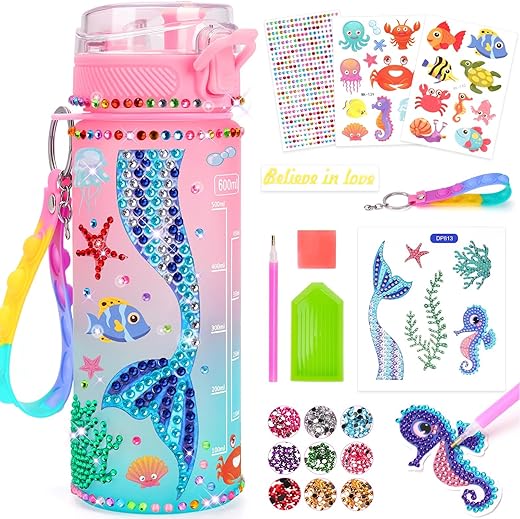 Craft Set Children from 6 Years, Craft Girls 6 8 10 Years Drinking Bottle Children's Gift Girls 5-6-7-8-9 Years Mermaid Toy from 4-12 Years Girls Diamond Painting Children's Birthday Gift