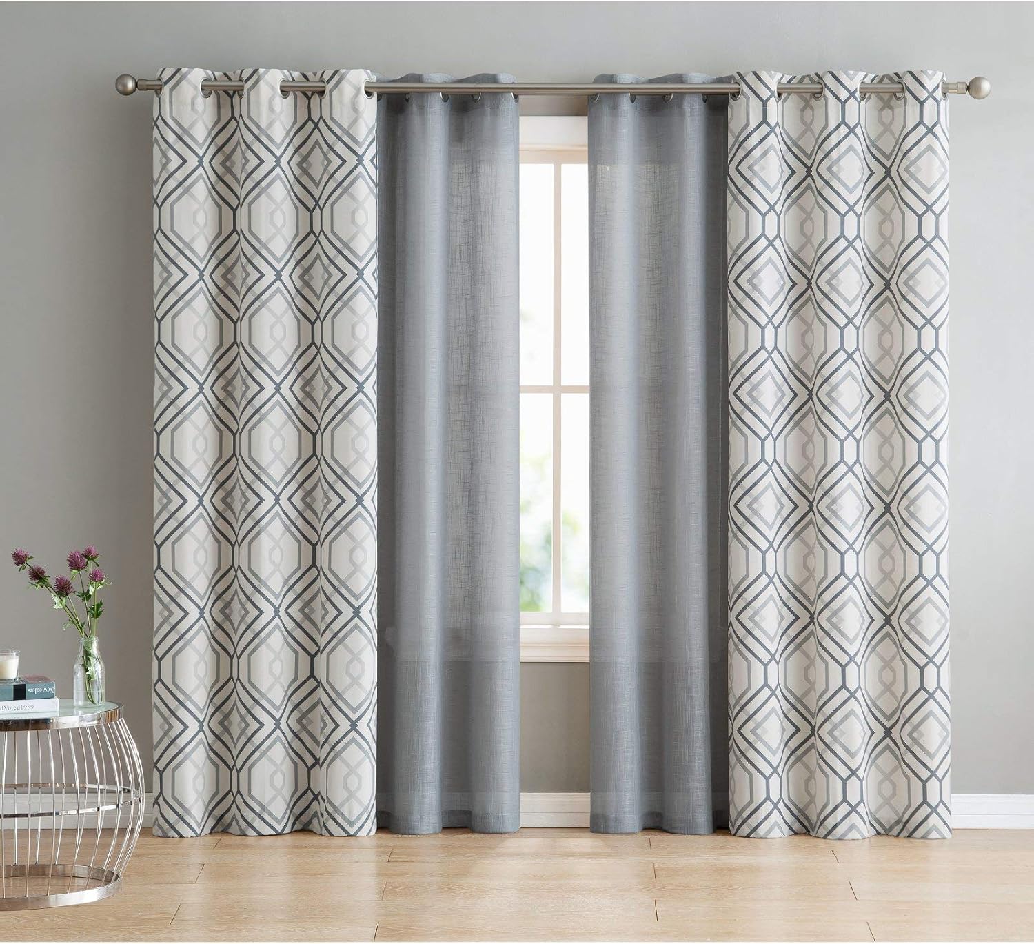 VCNY Home - Curtains, Window Treatment with Grommet Top, 2 Solid & 2 Printed (Jackston Charcoal, 76" x 96")