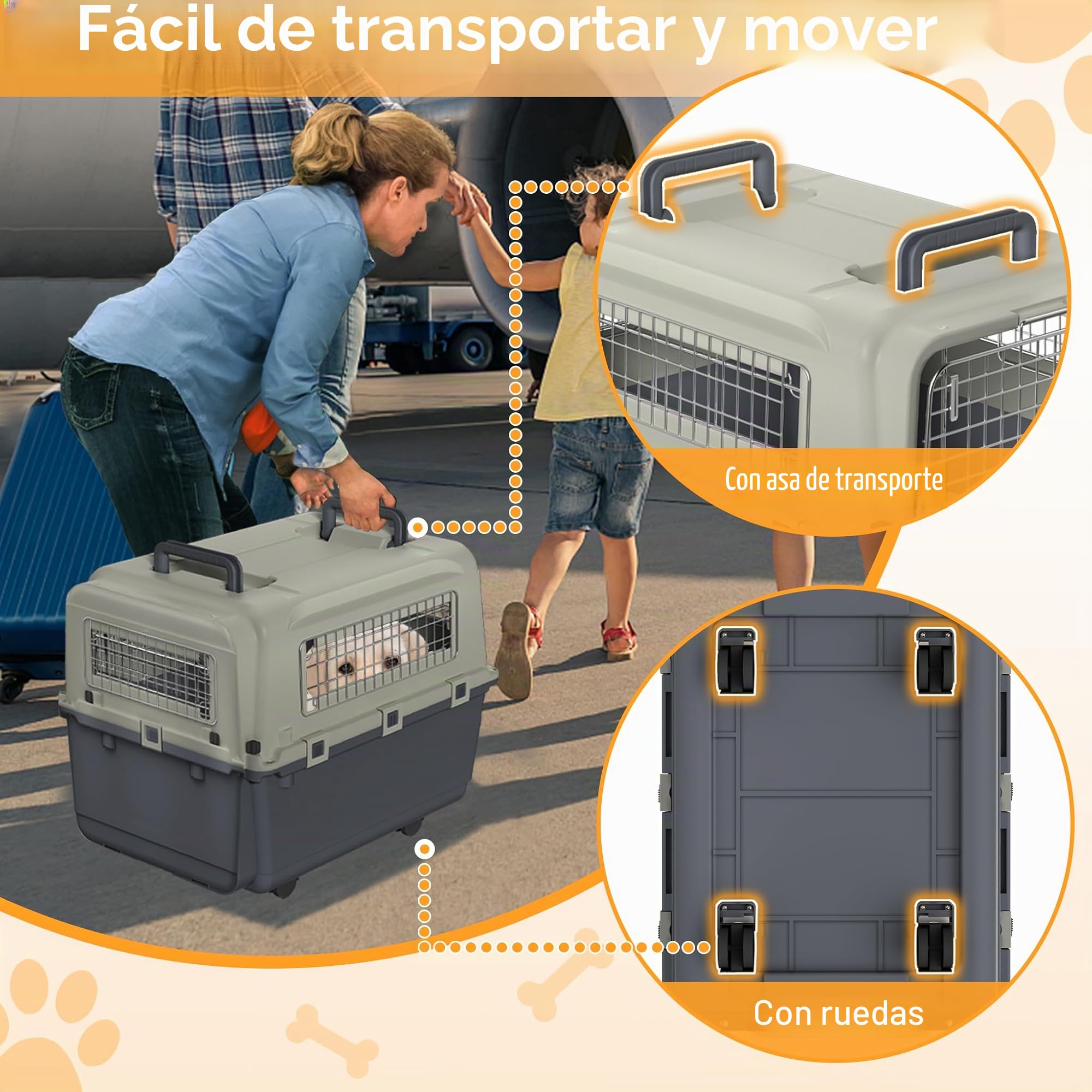 Caja de transporte para gatos para perros, 67 x 51 x 58,5 cm, caja de transporte para mascotas, caja de avión con puerta y ruedas de metal, caja de viaje con ruedas, adecuada para avión y coche