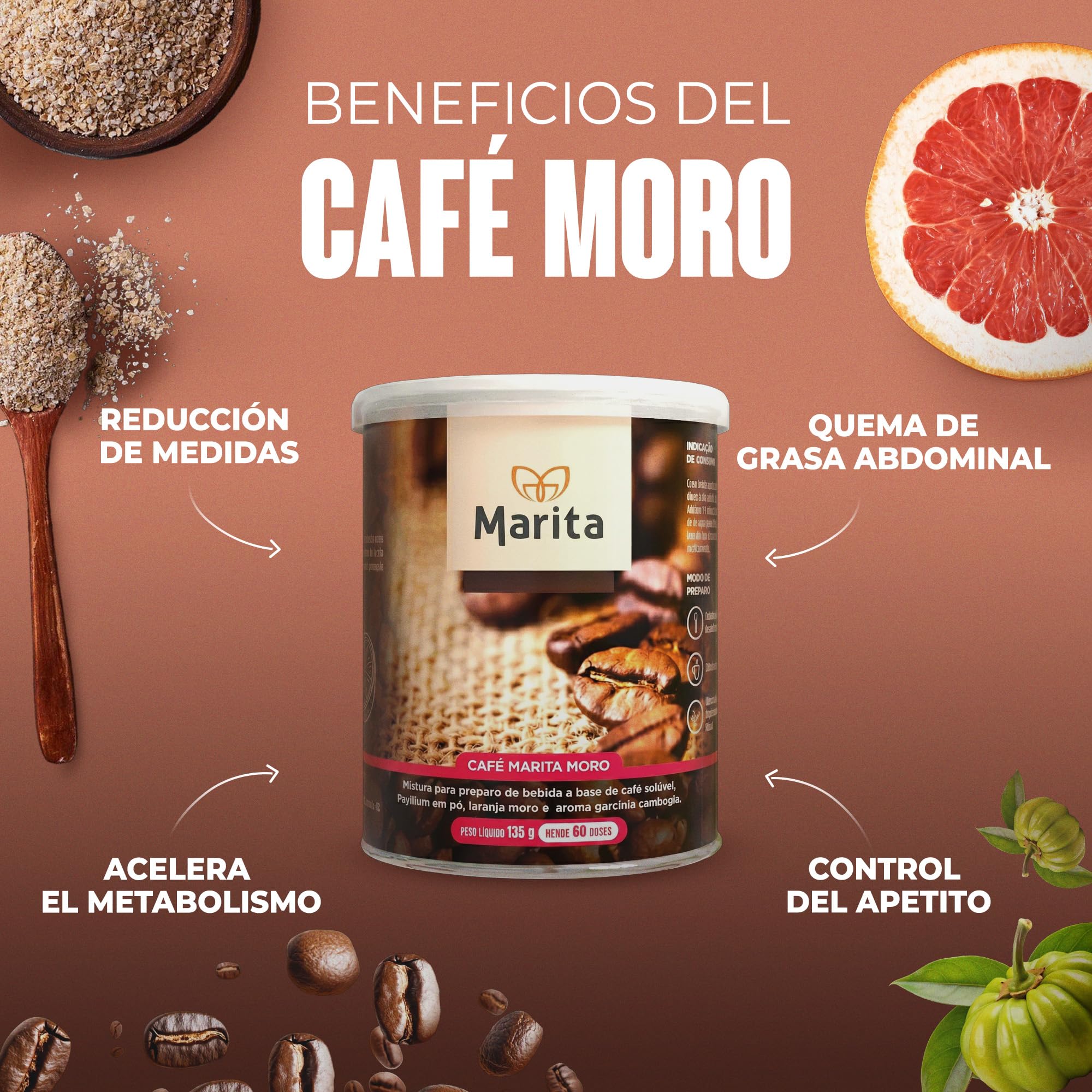 Café Marita Moro, Café Funcional con Naranja Moro, Ayuda a la Definición Corporal, Reducción de Medidas y Control de Peso, 135 g, Rinde hasta 60 Dosis