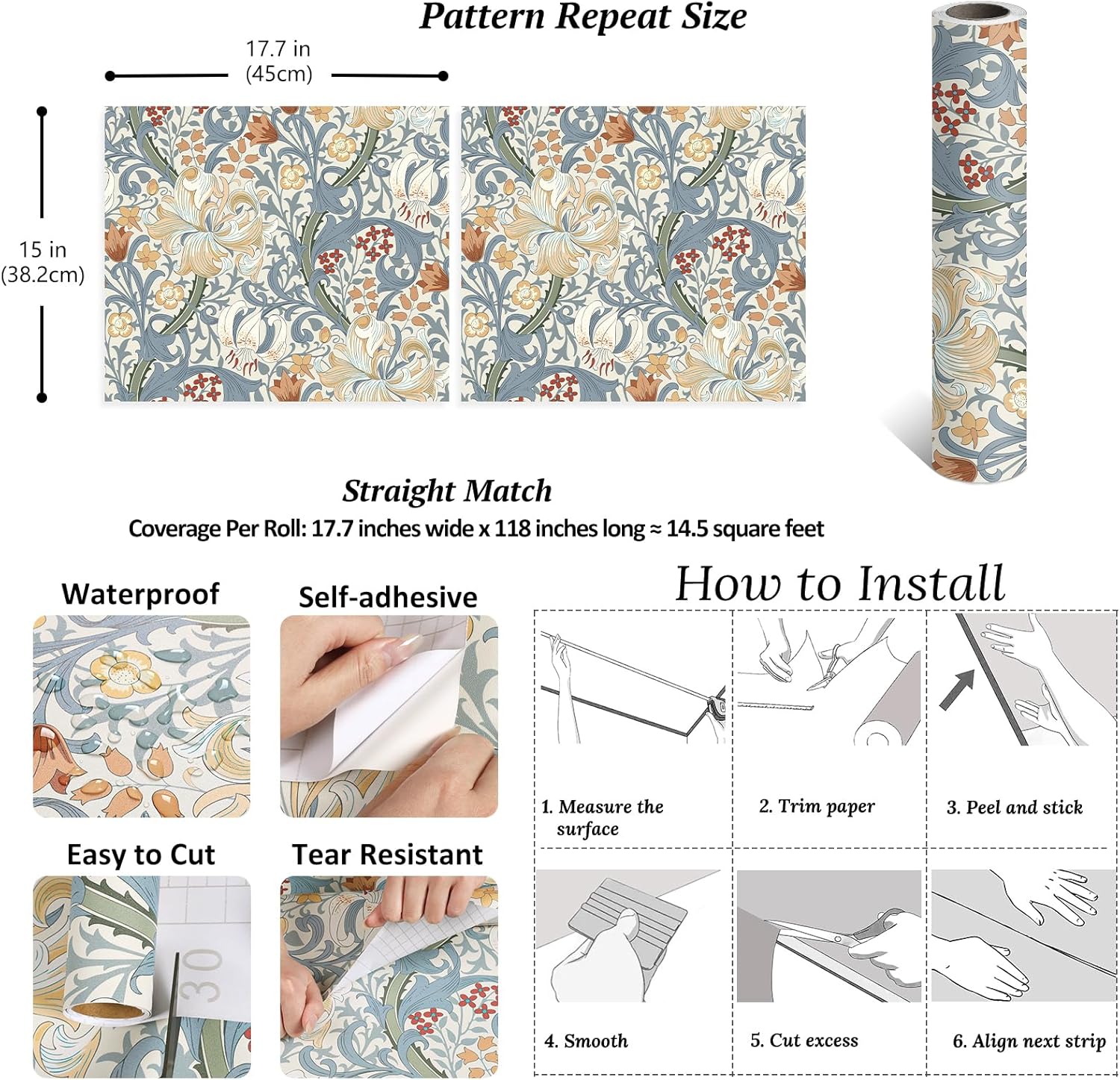 VEELIKE Vintage William Morris Wallpaper Peel and Stick Golden Lily Floral Wallpaper for Bedroom Accent Wall 17.7''x118'' Self Adhesive Floral Contact Paper Removable Morris Wall Paper for Home Decor