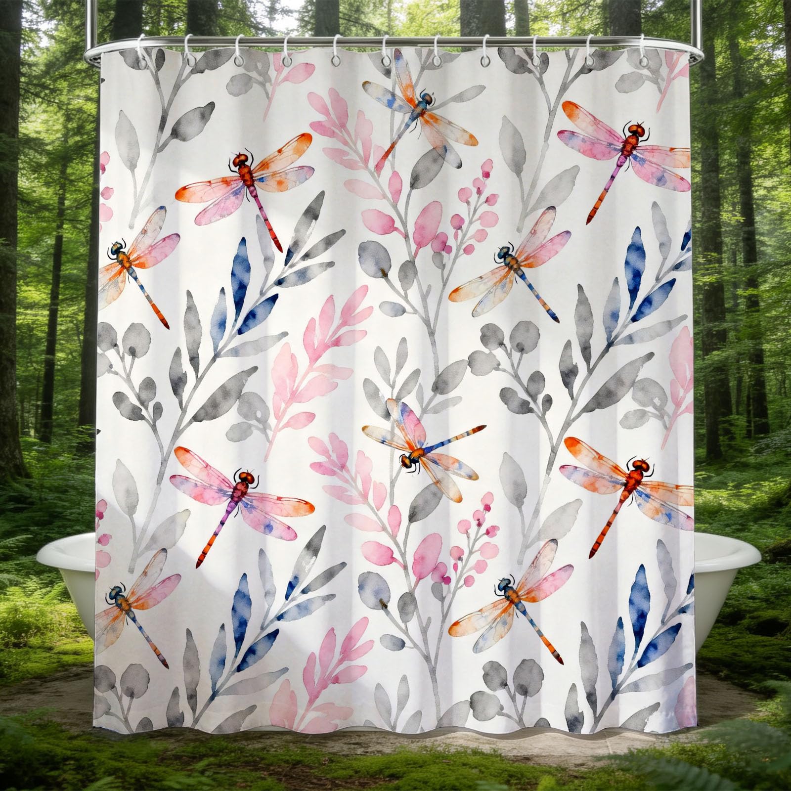 Hongduo White 3D Cartoon Dragonfly Shower Curtain For Stalls Bathtubs Minimalistic Bathroom Decor Shower Curtain Set Polyester Fabric Waterproof 180X180cm/71X71 Inch With Hooks