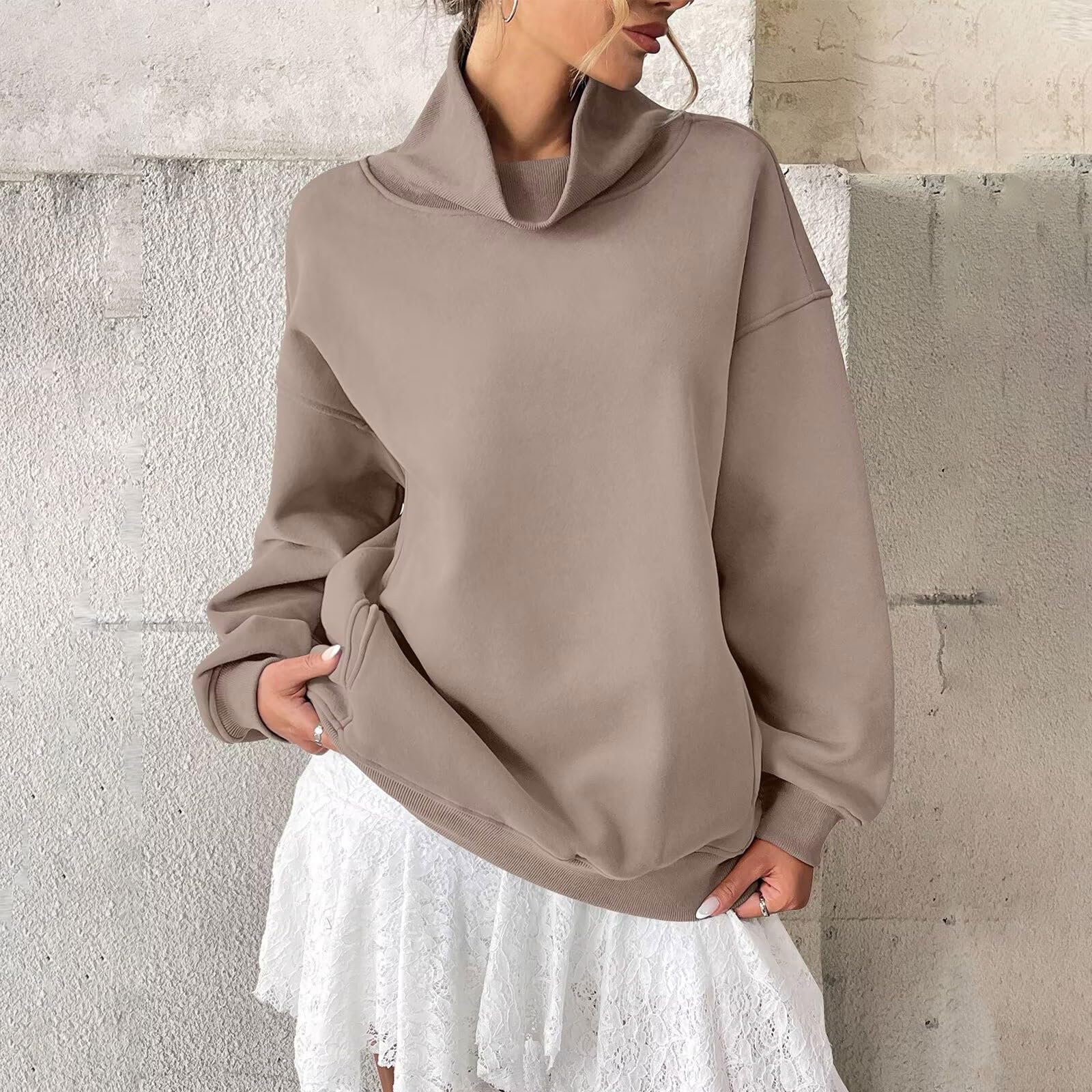 Sudadera de mujer sin capucha, sudadera con cuello alto y manga larga, tendencia de color liso, suéter cálido y cómodo, informal, salida, otoño e invierno