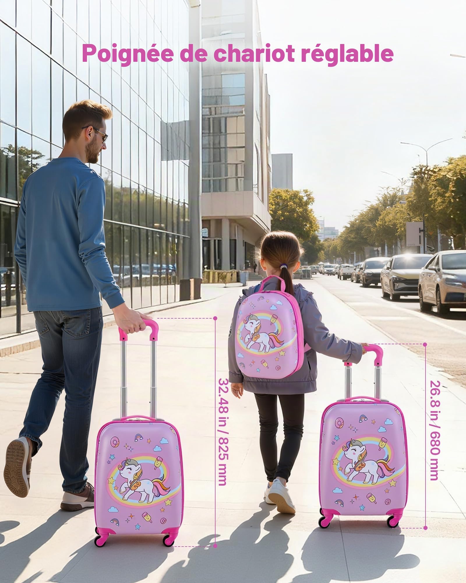 VEVOR Valise Enfant 32x23x45 cm Bagage Enfant 2 PCS avec Valise Cabine à roulettes Pivotantes pour Enfants Fille Garçon et Sac à Dos Coque Rigide Motif Licorne, Approuvée par Compagnies Aériennes