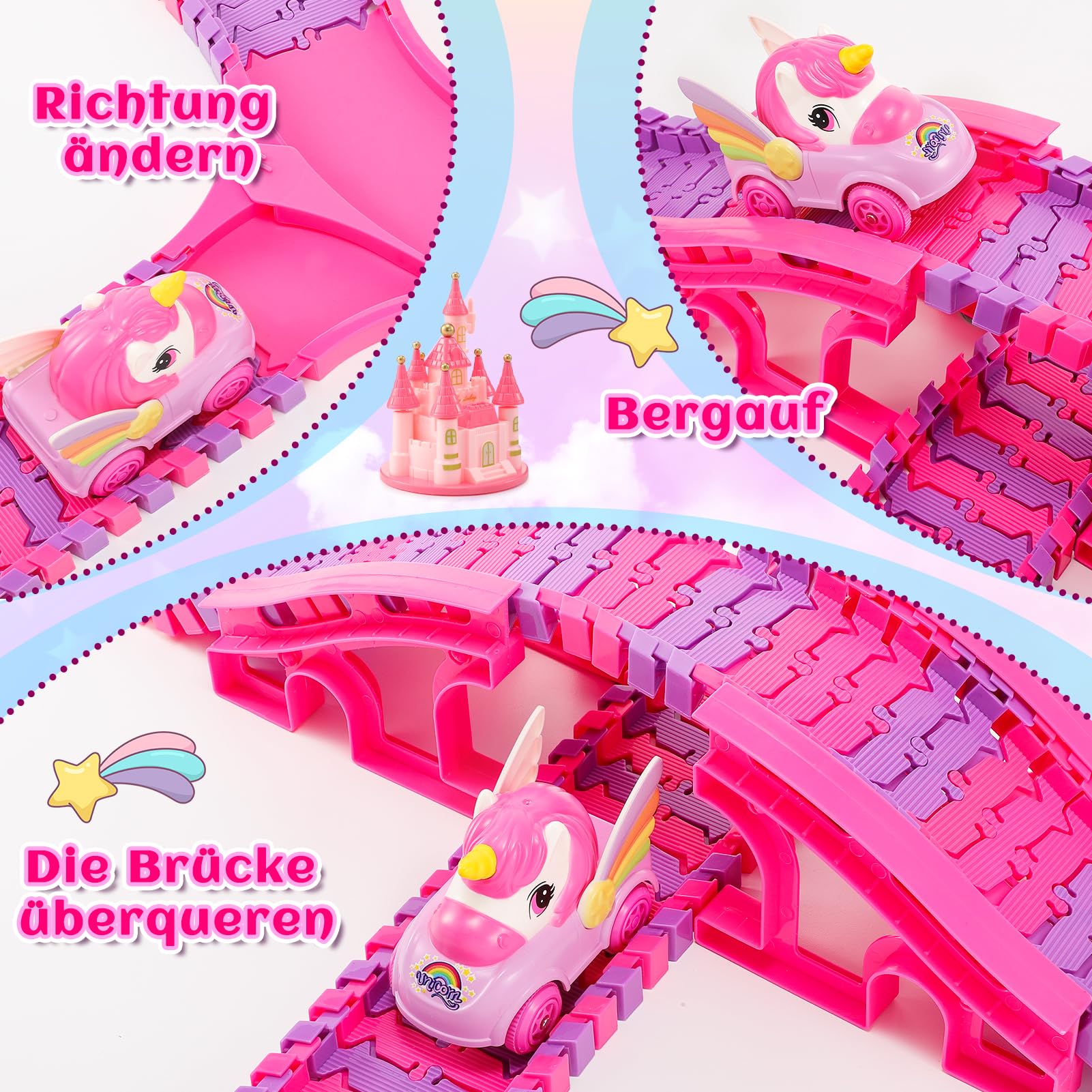 iKidiki Geschenk für Mädchen 3 4 5 6 7 8 Jahre Geburtstag, Rennstrecke Auto Kinder Einhorn Spielzeug Mädchen 3 4 5 6 7 8 Jahre Rennstrecke Elektroauto Spiel Mädchen 3-8 Jahre elektrischer Zug Kinder