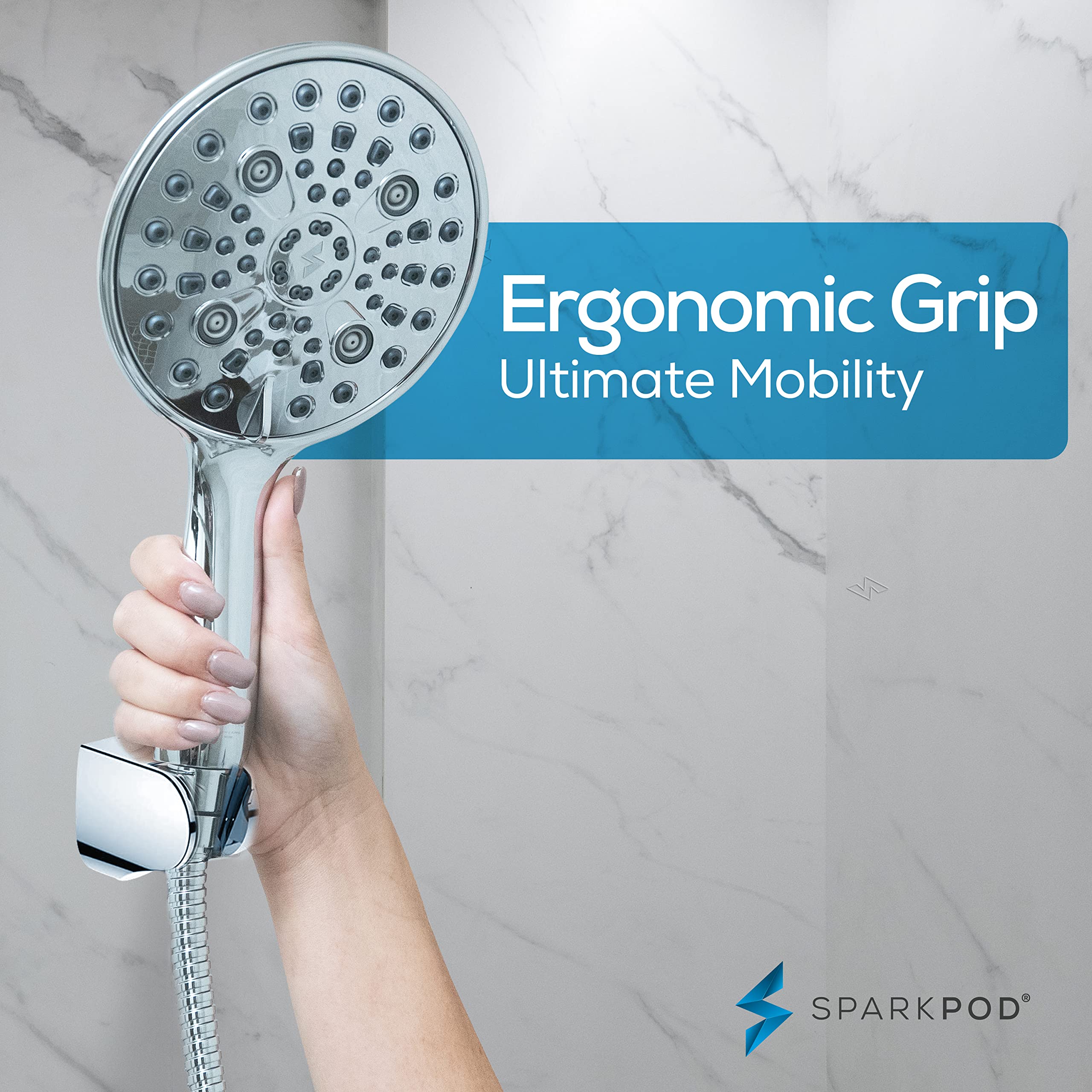SparkPod 6-Function High Pressure Shower Head - 6" Wide Angle Handheld Shower Head - Luxury Design (6 Function, Chrome)