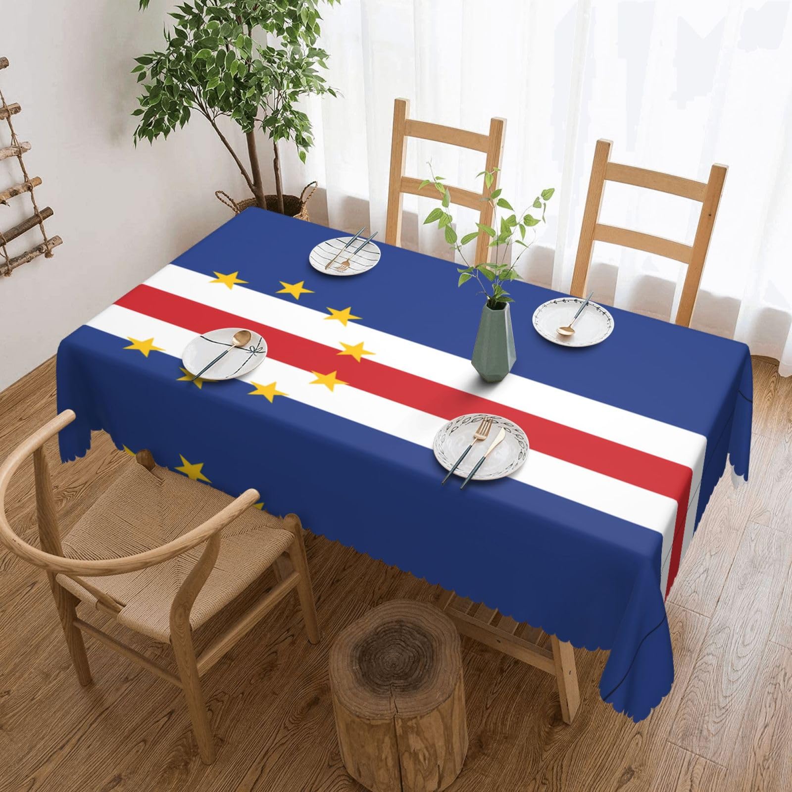QAZWZML Flag of Cape Verde Printed tablecloth, made of thick polyester with lace trim, suitable for dining rooms, picnics, and weddings