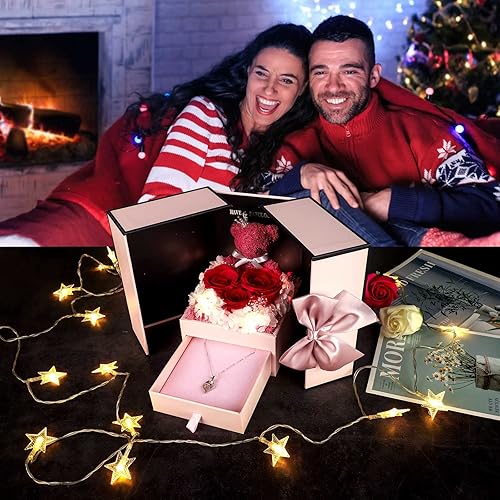 Miniatura 116 de ADDWel Rose Gifts for Women - Preserved Real Roses Forever Purple Flowers with I Love You in 100 Languages Necklace and Cute Moss Bear for