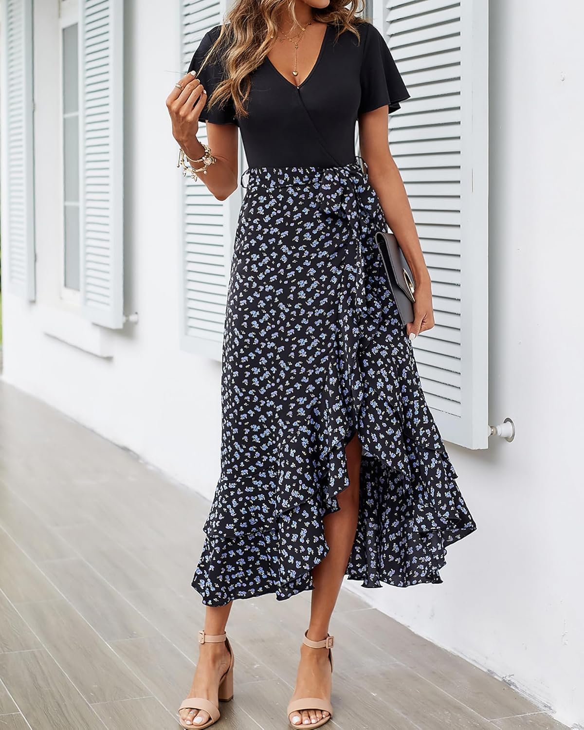 BTFBM Womens Maxi Summer Dresses 2025 Short Sleeve V Neck Boho Floral Print Belted High Low Ruffle Party Cocktail Dress - Image 4