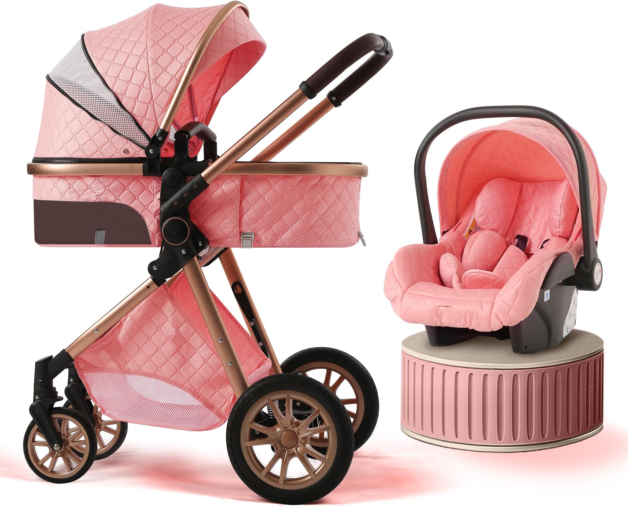 3 in 1 Baby Travel System Infant Baby Stroller Pushchair High Landscape Reversible Foldable Portable Stroller Newborn Pram Reclining Baby Carriage (Pink)
