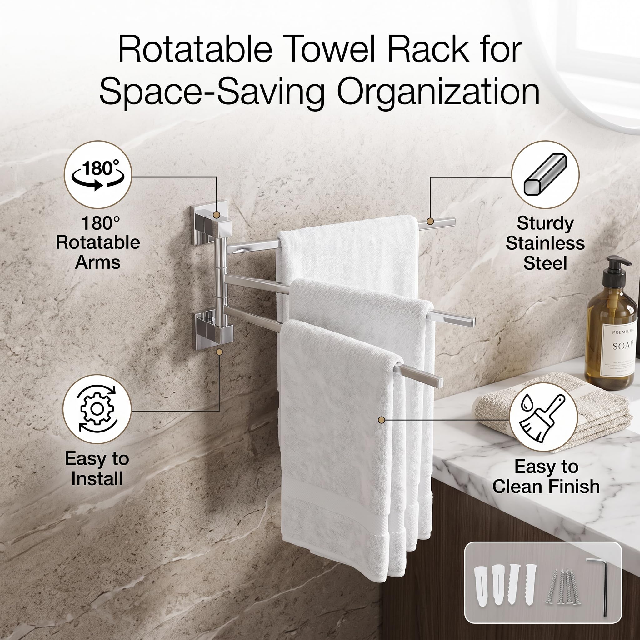 Portasciugamani Girevole in Acciaio Inox, 3 Bracci, 40 cm, Rotazione 180°, Portasciugamani Pieghevole per Bagno e WC, Spazzolato Argento