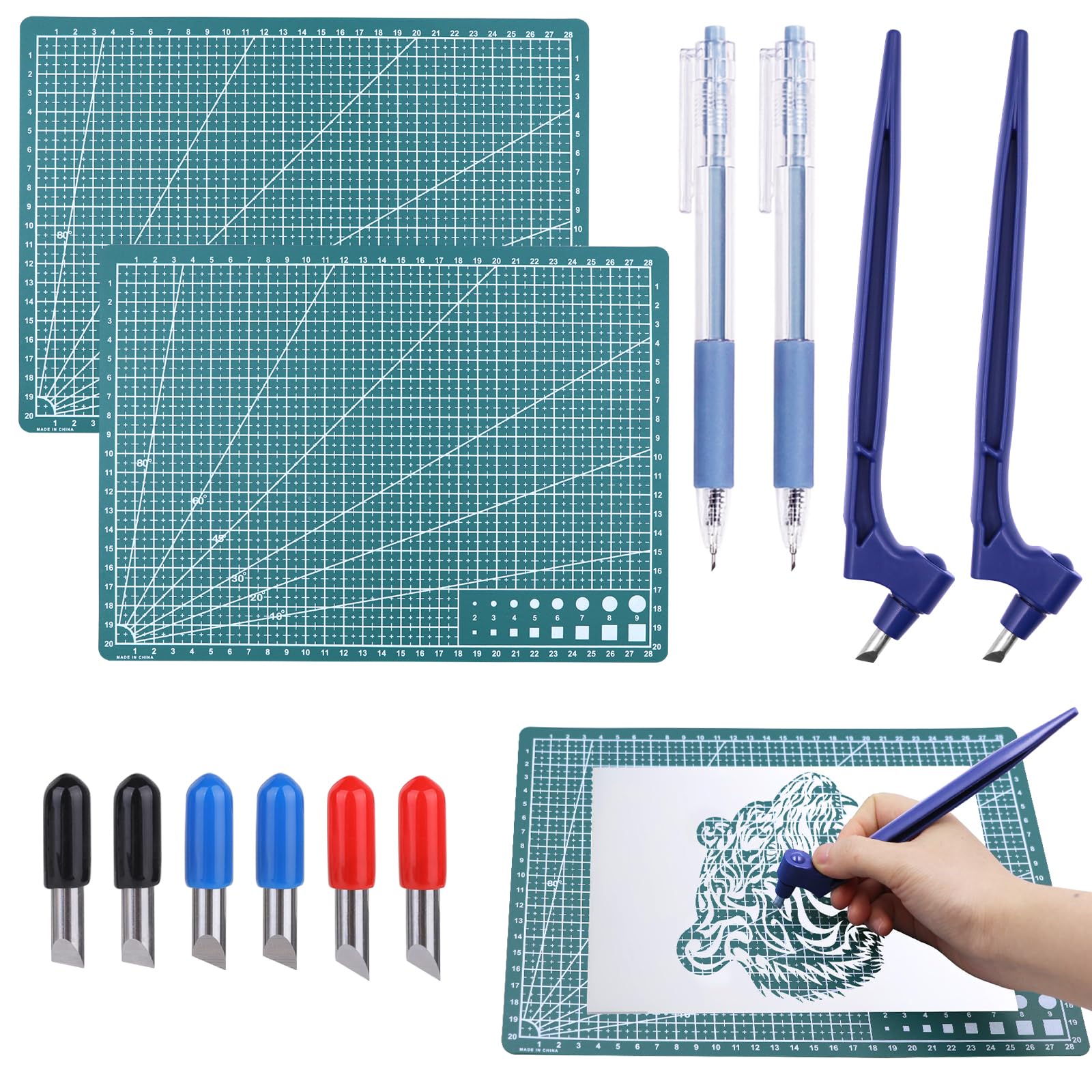 Craft Cutting Tool 360 Degree Cutting Tool Craft Cutting Tool with 6 Replacement Blades (15°/30°/45°), 2 Cutting Mats, 2 Scalpels, Cutting Tools for