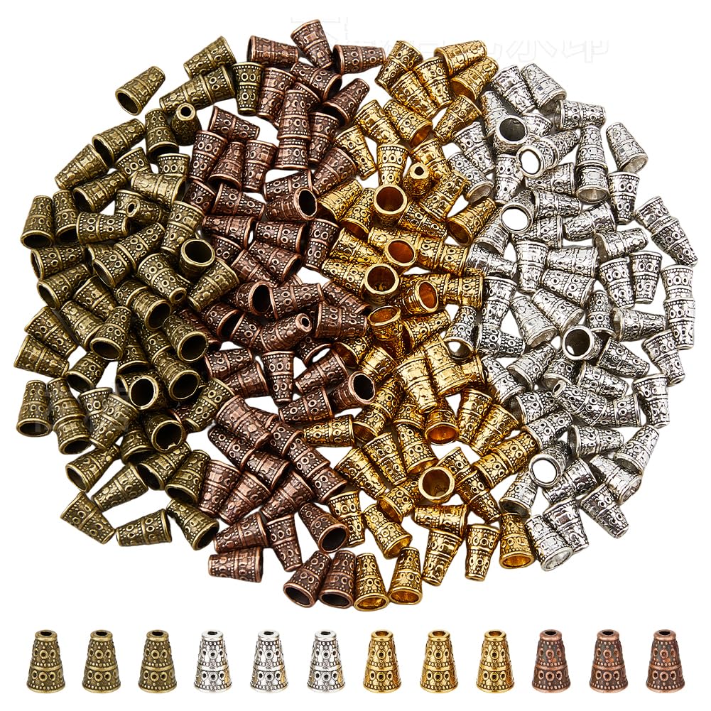 DICOSMETIC 240Pcs 4 Colors Long Bead Cap Alloy Bead Cone 10x7mm Tassel End Cap Antique Golden Spacer Beads Caps Tibetan Style Metal Jewelry Cone for DIY Earring Necklace Jewelry Making Crafts